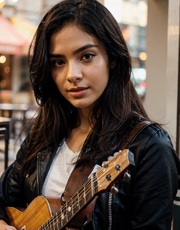 (realistic:1.2),20-years-old girl,brown-skinned,(detailed:1.1) beautiful eyes,(detailed:1.1) beautiful lips,medium straight black hair style,wearing black jacket,holding electric guitar,cafe background,photorealistic,vivid colors,warm tone lighting