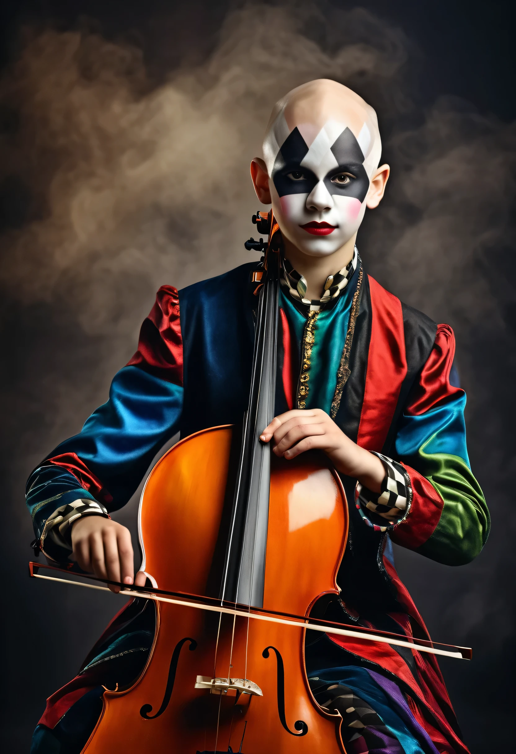 beautiful  boy in harlequin costume playing cello, competely bald, one stick in hand, smoky background, photorealistic best hdr quality