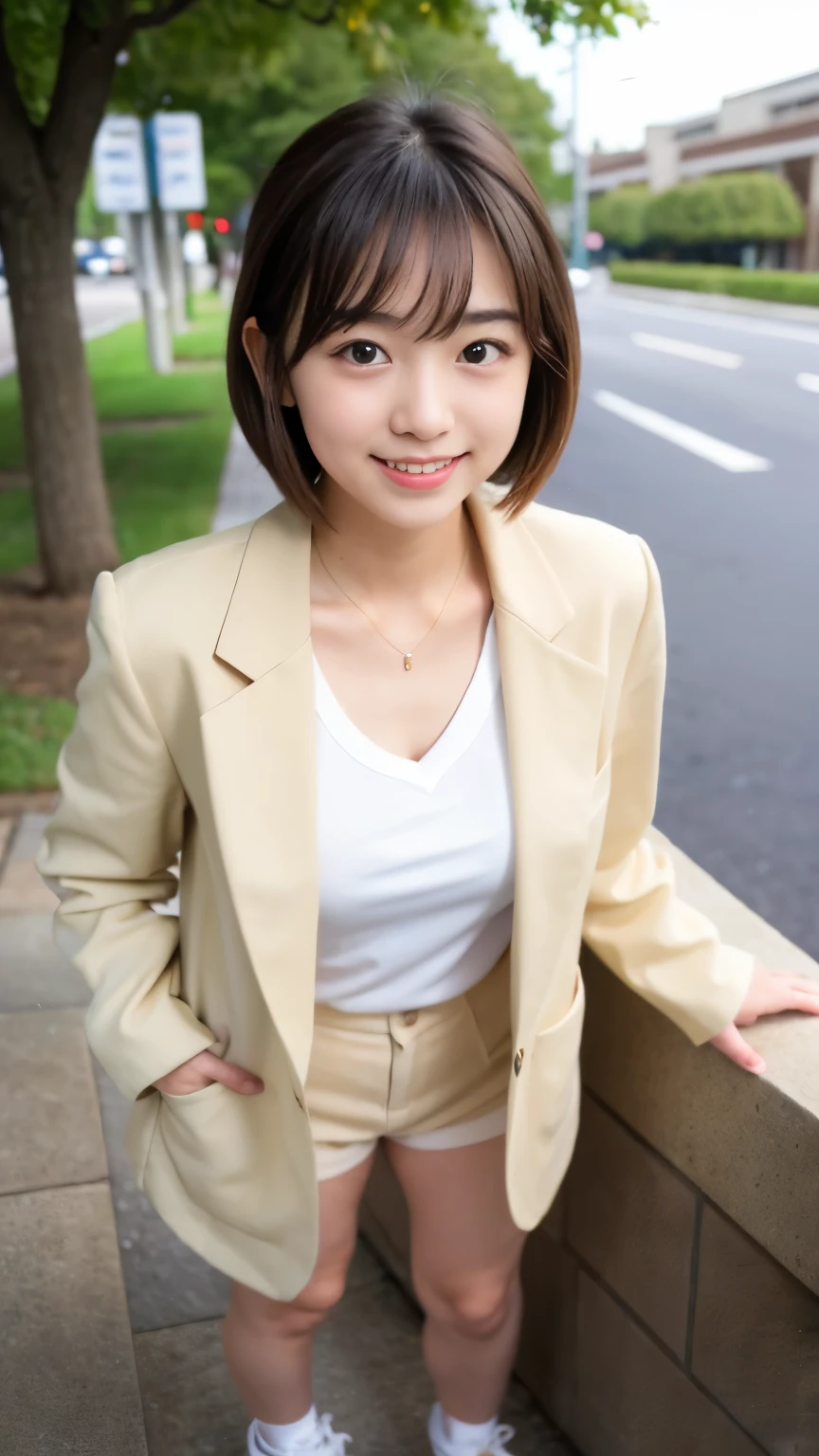 Best-quality, Masterpiece, Ultra-High-Resolution, (Photorealistic:1.4), Raw-Photo, 1girl, 18-years-old, the most famous Japanese idol, (beige tailored-jacket over white frilly-blouse, beige slacks, white platform-sneakers), ((fullbody)), standing at Japanese university, extremely cute face, extremely cute big-eyes, extremely cute hairstyle, extremely beautiful skins, looking at viewer, innocent-smile