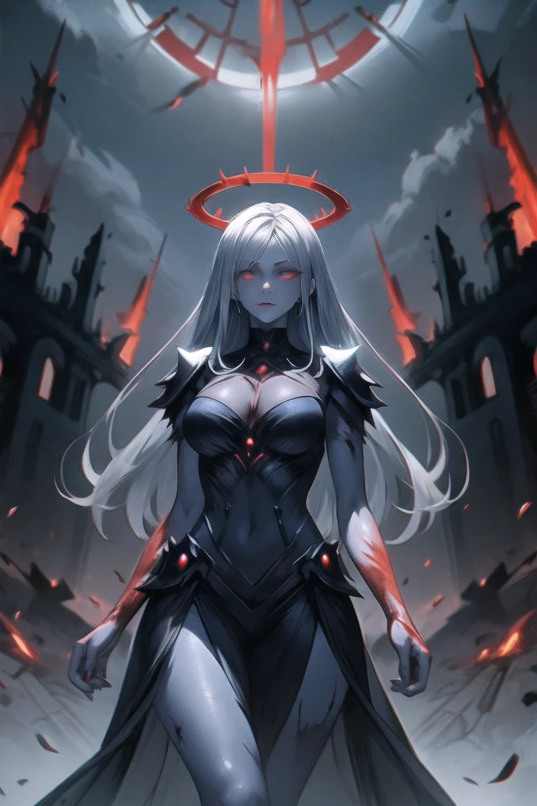 Grey skin, blood halo, Goddess, rare, cursed maiden, goddess armor, beautiful woman, long silver hair, red glowing eyes, grey skin, black wings, castle ruins,