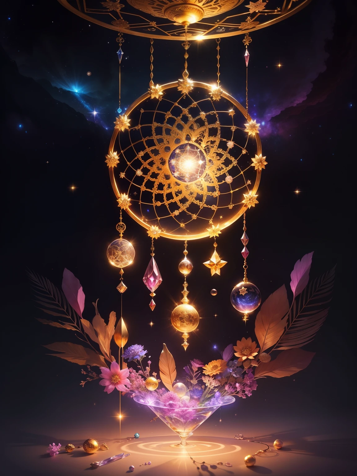 Crystal colorful flowers, magic, dream Catcher, universe , space, floating, moonlight, magic kanote gold crystal pot,,Current Ions,Sun, moon and stars,galaxy,moon,Buddha's light,dharma,Staff,magnificent,atmosphere,sea,Majestic