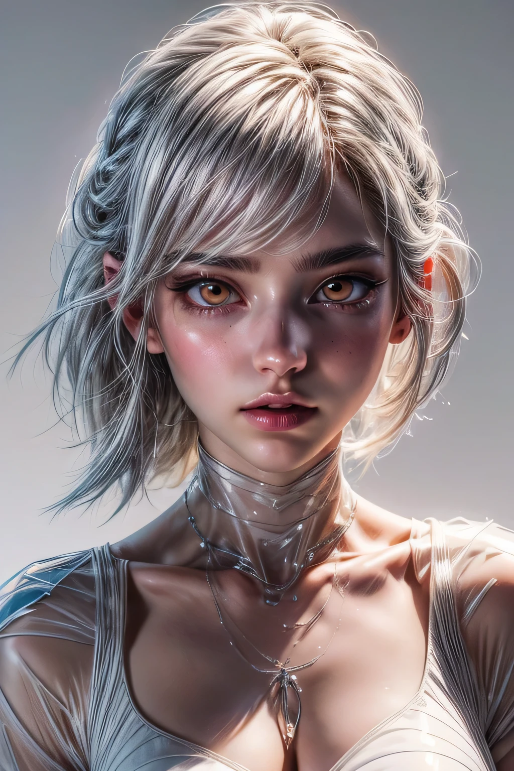 highest quality,perfect masterpiece,perfect artwork,Official work,8K,, (upper body portrait:1.3), close up lens,delicate face,, 17 years old,white hair girl,(hakuhatsu:1.5),Short and medium hair,((clear white eyes:1.5)),(white dress:1.2),(transparent clothes:1.2),(black background:1.3),, The illusion of pearls,cyber punk,fashion trends,3s material,High resolution,Detailed performance,c4d,3D,octane rendering,ray tracing,intricate details,animation lighting,OCrenderer,