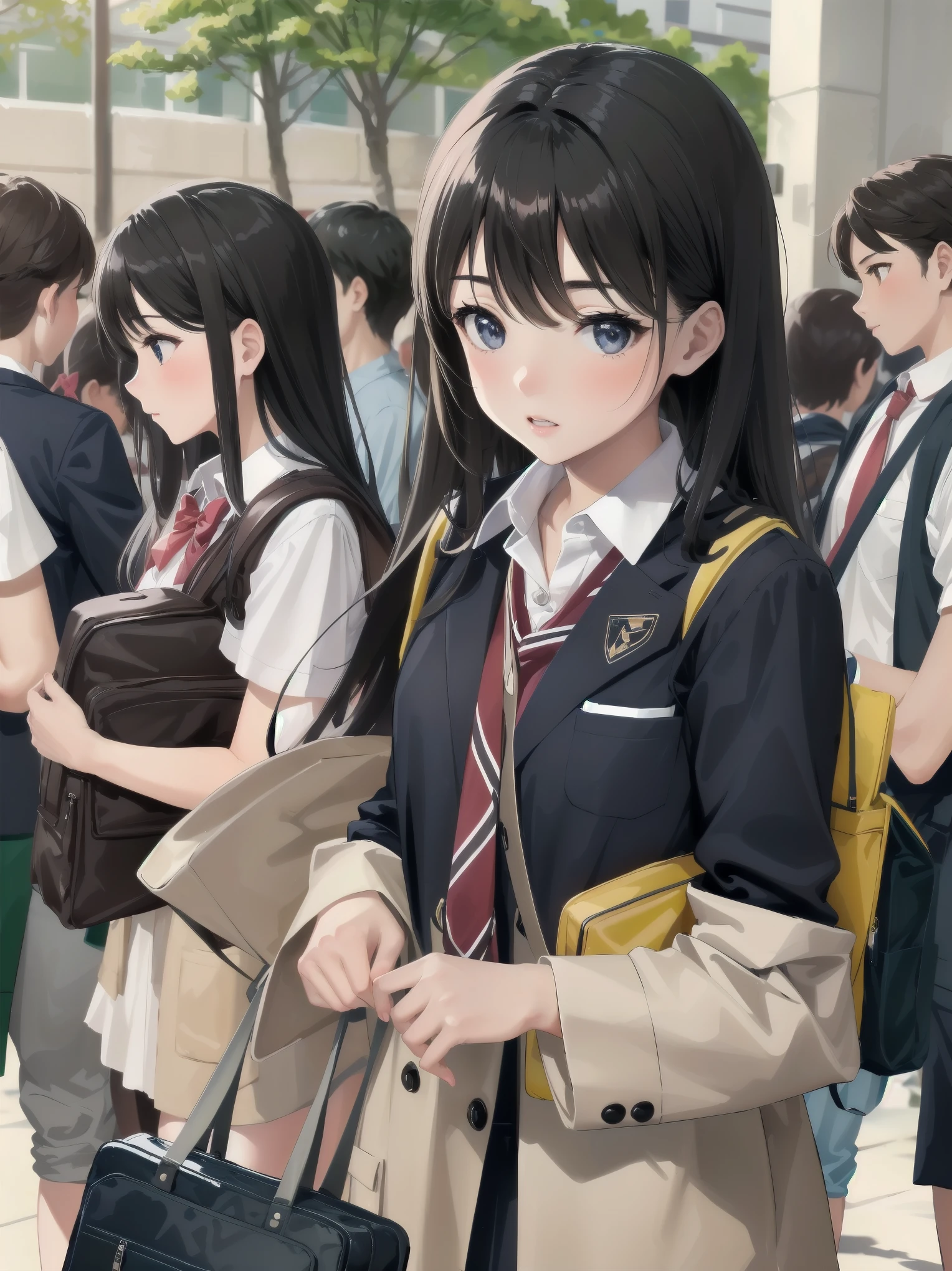 One girl, spring, high school, , warm colours, schoolbag, accurate and very detailed background, crowd of schoolgirls in uniform with various body shapes and hairstyles, cute.