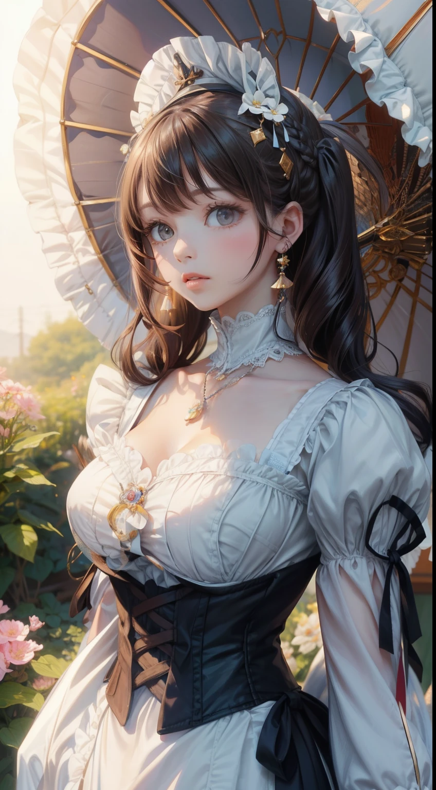 Victorian girl、cute 1. **fashion**: ビクトリア朝のfashionはドレッシーでエレガントなデザインがFeaturesです。ruffles and lace、corset、Try incorporating elements such as long dresses。 2. **Hairstyle on**: Victorian era women&#39;s hairstyles were often complex and delicate.。upstyle and curling、We also recommend adding ribbons or flower decorations to your hair..。 3. **Features**:  Features with soft functions、beautiful woman、cute、Beautiful 5. **With accessories**: Accessories that played an important role in the Victorian era。hat、necklace、gloves、umbrella, wait.、By carefully drawing accessories down to the smallest detail、You can add personality to your character。 nice dress、Floral、luxurious costume、There&#39;s pink there、pastel colour、big breasts、slender body shape、Perfect proportions、Perfect beauty、Two-dimensional beautiful girl