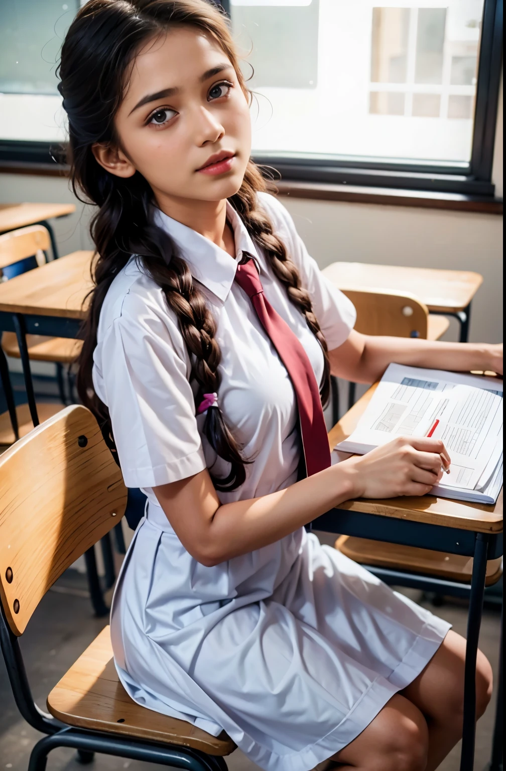 Raw photo , 1 girl  ,Wearing white frock and color tie, white shoes,  ((teen school girl studying on on in the classroom)), with plait, biggest breasts size , professional photographer, (hdr:1.4), masterpiece, ultra-realistic 8k, perfect artwork, intrincate details, cute face, award winning photograph, (Best quality, 8k, 32k, Masterpiece, UHD:1.3) ,