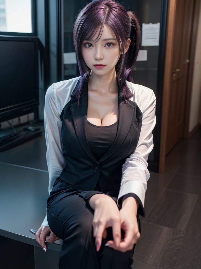Beautiful woman, 25 years old, high ponytail, bright purple hair, perfect purple hair, Beautiful breasts, (Realistic skin),elegant upper class wearing a black pantsuit, black jacket, white shirt, cleavage visible, black pumps, and a business shirt. Elite secretary, working in the office, wearing a strict business suit, pantsuit style, wearing luxury high heels, girl wearing a shirt, wearing a business suit, wearing a business suit, black nail art, business Wearing a suit, Businessman, Business clothes, Wearing a black business suit, Wearing a white shirt and black jacket, Woman in a business suit, Business suit, Business attire, Raw photo, (8K, highest quality, Masterpiece: 1.2), (Complex Detail: 1.4), (Photoreal: 1.4), Octane Rendering, Complex 3D Rendering Super Detail, Studio Soft Light, Rim Light, Vibrant Detail, Super Detail, Realistic Skin texture, surface details, beautifully detailed eyes, highly detailed CG Unity 16k wallpaper, supplement, (detailed background:1.2),pony tail