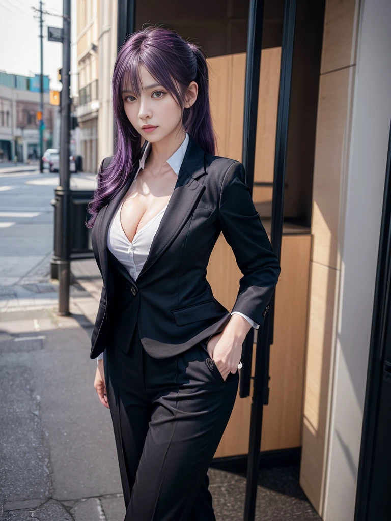 Beautiful woman, 25 years old, high ponytail, bright purple hair, perfect purple hair, Beautiful breasts, (Realistic skin),elegant upper class wearing a black pantsuit, black jacket, white shirt, cleavage visible, black pumps, and a business shirt. Elite secretary, working in the office, wearing a strict business suit, pantsuit style, wearing luxury high heels, girl wearing a shirt, wearing a business suit, wearing a business suit, black nail art, business Wearing a suit, Businessman, Business clothes, Wearing a black business suit, Wearing a white shirt and black jacket, Woman in a business suit, Business suit, Business attire, Raw photo, (8K, highest quality, Masterpiece: 1.2), (Complex Detail: 1.4), (Photoreal: 1.4), Octane Rendering, Complex 3D Rendering Super Detail, Studio Soft Light, Rim Light, Vibrant Detail, Super Detail, Realistic Skin texture, surface details, beautifully detailed eyes, highly detailed CG Unity 16k wallpaper, supplement, (detailed background:1.2),pony tail