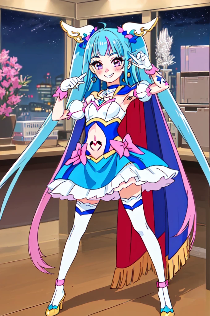 (highest quality:1.4), (masterpiece:1.4), (High resolution:1.2), (very detailed:1.2), 1 girl, alone, smile, looking at the viewer, Are standing, Cure Sky, Wing hair ornament,  in the office in the background, night,、Micro Mini Skirt、Absolute area、Thigh-high socks、cowboy shot、tattoo, high heels, （dark purple lipstick、Purple lips）Absolute area、レザーMicro Mini Skirt、NSFW、(shaved pussy, (下腹部のtattoo:1.5), (スペードtattoo:1.5), (belly button: 1.1), (No expression: 1.3), (Are standing: 1.3), sleeve, collar, latex, Legwear, high heels, ribbon, Harness, (chest jewel, side cutout, Waist cutout, belly buttonの切り欠き, Gastrotomy, detailed background, Show Viewer,high heels, Absolute area、NSFW、, ,））, cowboy shot、No expression、earrings、Bodycon, blush, eyelash, cleavage, belly button, face focus, With an evil smile, Grin, corruption, (O-ring), (Shiny Gossy Skin:1.2), choker, jewelry, earrings, necklace, Thighhighs, arm at side, Elbow Groove, in the office in the background, night,