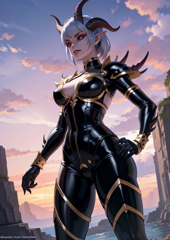 A girl in a detailed cliff, with horns, a latex bodysuit, viewed from below, having colored skin, hooves, and characteristics of a monster girl or a demon girl. Her eyes sparkle with a serious expression. The artwork is created digitally and showcases the best quality. The art style is inspired by the concept of slaanesh.

Tags: 1girl, digital, in detailed cliff, horns, latex bodysuit, from below, colored skin, hooves, monster girl, demon girl, claws, serious sparkle eyes eyetype, best quality, slaanesh