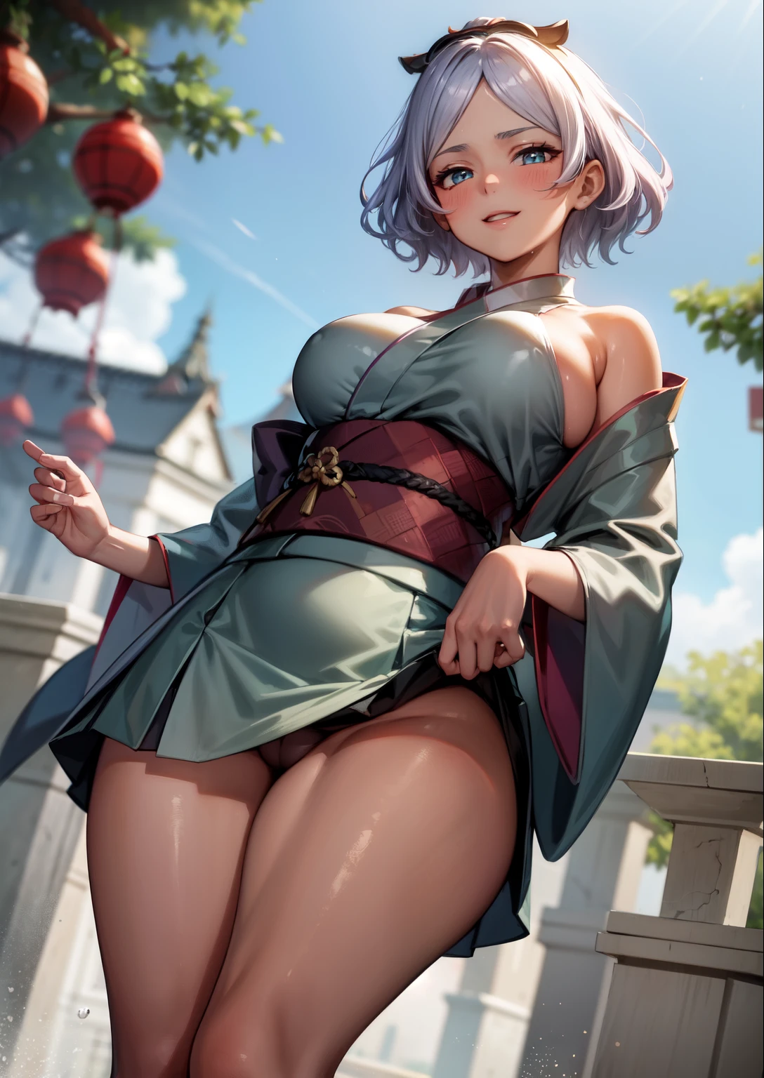 (Masterpiece, High Quality, Top quality, High-Detailed, Detailed CG, Cinematic Shadow, Cinematic Scene, Beautiful Detailed Eyes, Ultra Resolution, Depth of Field), Looking At The Audience, Looking At Below, (Blush Expression:1.2), (Smile Expression:1.2), (Erotic Expression:1.0), Blue Eye, Silver Hair, White Hair, Short Hair, Five Fingers, Good Composition, Curvy, (Kimono:1.0), (Yukata:1.0), (Short-Skirt Kimono:1.2), (Short-Skirt Yukata:1.0), (Cameltoe), Thicc Thighs, Thick, Large Breasts, Huge Breast, Wet, Dark Background, Blur Background, Castle Background, European Building Background