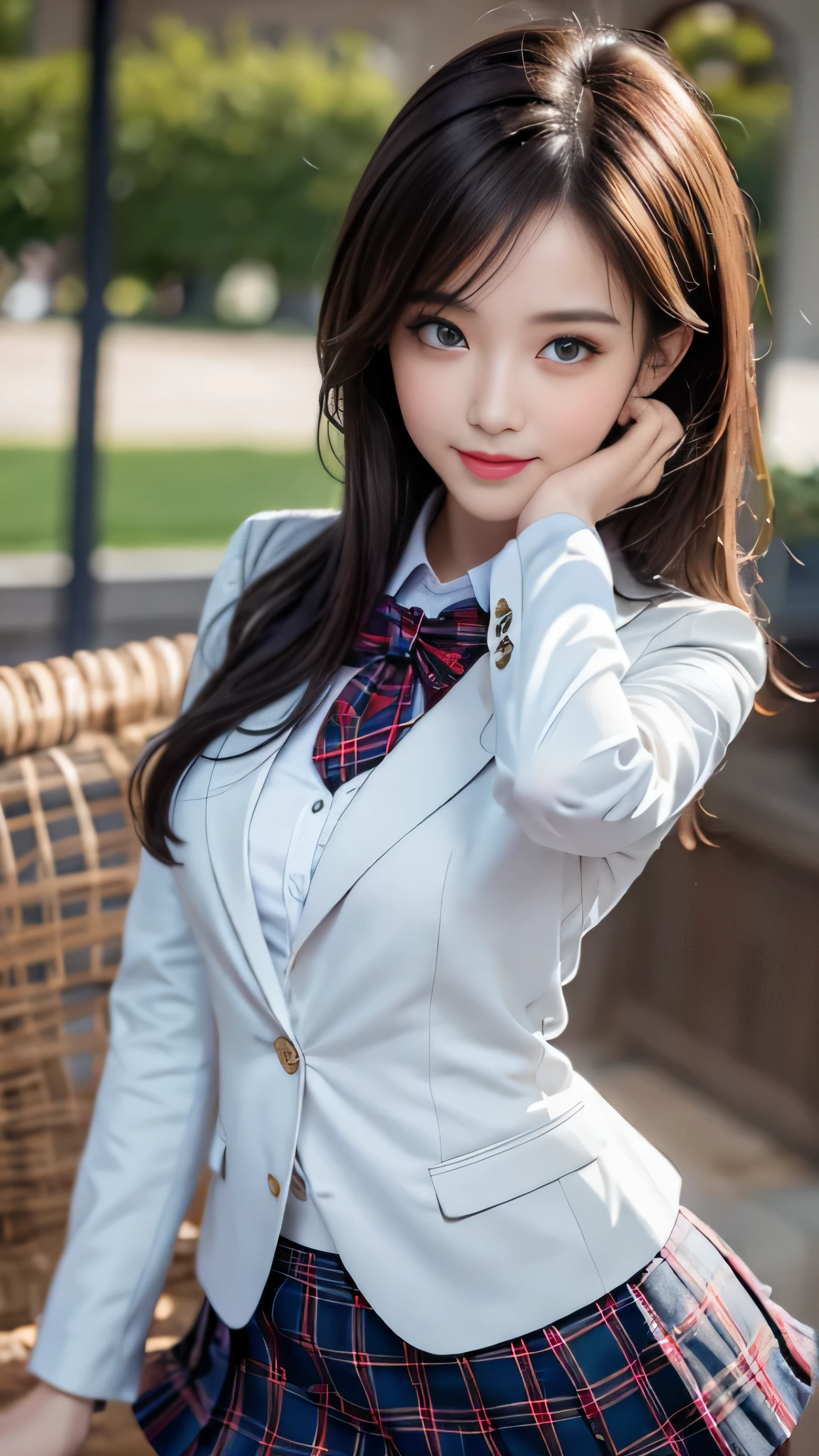 ((High school girl walking in the lakeside park))、(white blazer)、(white blouse)、red bow tie、((dark blue checked skirt)). 40k, photograph, table top, highest quality, dark gray background, ((beautiful eyes、One girl with light brown short hair, . white skin, Various poses.((Medium chest,:1.1)), highest quality, table top, ultra high resolution, (realistic:1.4), RAWphotograph, (perfect body shape), (slim:1.3), slim abdomen, Perfect slim figure, dynamic pose, alone, Cold light 12000K, very detailed facial and skin texture, fine eyes, realistic eyes, Beautiful and fine eyes, (realistic skin), charm, ultra high resolution, Super realistic, very detailed,(The wind blows up my skirt),（smile)、