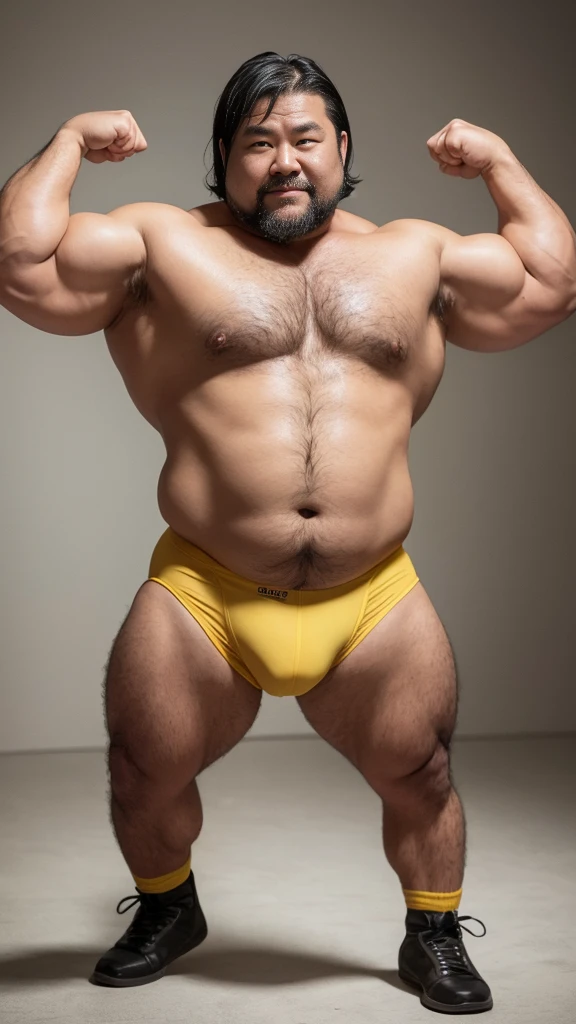 black hair, middle-aged man, individual, male, Muscular wrestler, muscular, Stout wrestler, Asian, Japanese, uncle, 55 year old middle-aged man, short hair, short hair, yellow wrestling boots, full body portrait, shadow, Vision, yellow briefs, obesity, 45 years old, short beard, middle-aged man, tattoo, fingerless gloves, Wheat skin, shiny skin, dark skin, Show your pectoral muscles, sumo wrestler, bodybuilder, wide temples, Visible abdominal muscles, Smile, Fine hands, solid color background, pure white background, Surrealism, Panorama, 8k, super detail，