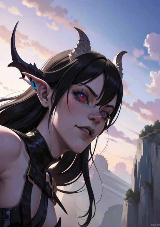 A girl in a detailed cliff in a digital artwork, with horns and a latex bodysuit. The view is from below, showcasing her colored skin, hooves, and features of a monster girl or demon girl. She has sharp claws and her eyes have a serious sparkle. The image is of the best quality, with a slaanesh art style.