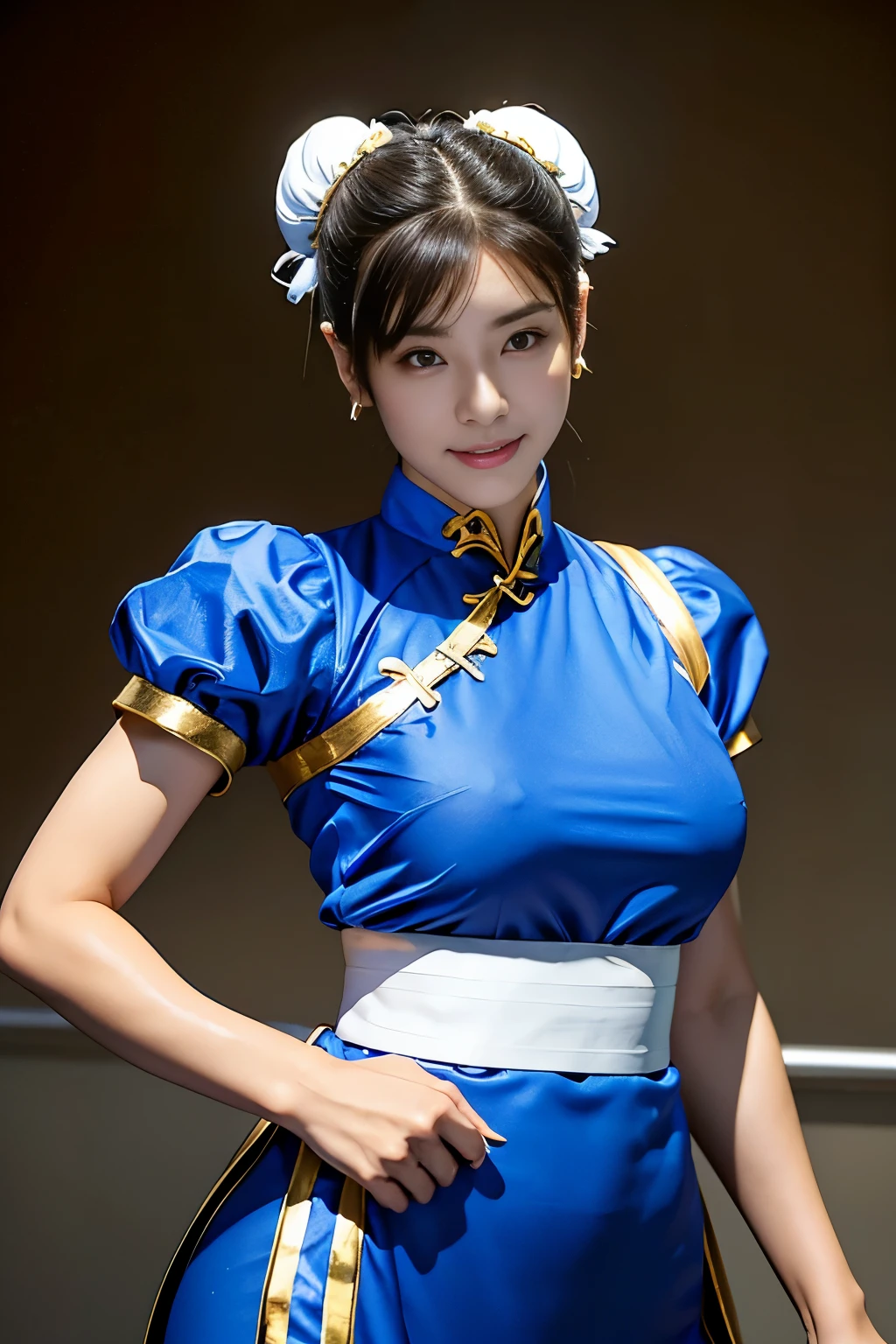 Chun-Li from Street Fight II,perfect chun li costume,blue cheongsam with gold lines,Bun head,Good cover,fighting pose,ハイkick,kick、Lift your legs,masterpiece、1 beautiful girl、fine eyes、puffy eyes、highest quality, 超High resolution, (reality: 1.4), movie lighting、super beautiful、beautiful skin、body turns forward、(超reality的な)、(High resolution)、(8K)、(very detailed)、(美しくfine eyes)、(Super detailed)、 (wall-)、detailed face、bright lighting、professional lighting、looking at the viewer、Look straight ahead、slanted bangasterpiece, highest quality, masterpiece, highest quality, perfect face, perfect brown eyes with white sclera, Bad move - 5, alone, 1 girl, Upper body, brown hair, From SF2, Chinese service, smile, muscular woman, blue clothes, pantyhose, pelvic curtain, Plump short sleeves, Good cover, sash, evaluation:safety