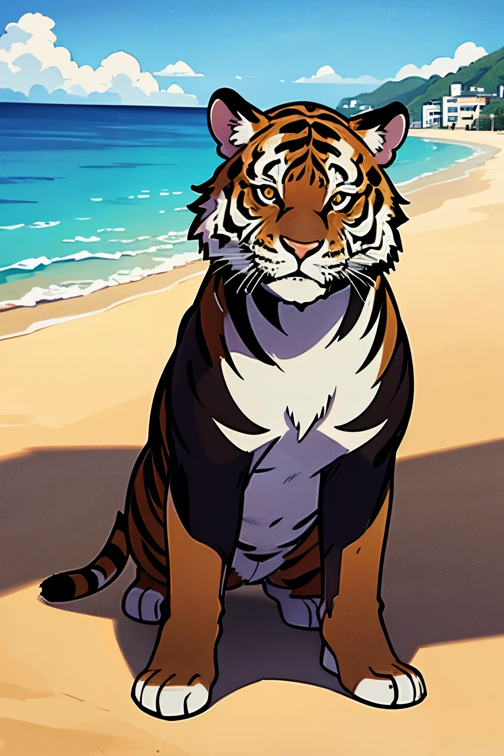 Un perro sentado en la arena del mar, In front of it you can see an immense beach and behind it a small, very humble house. a shadow tiger is behind of him