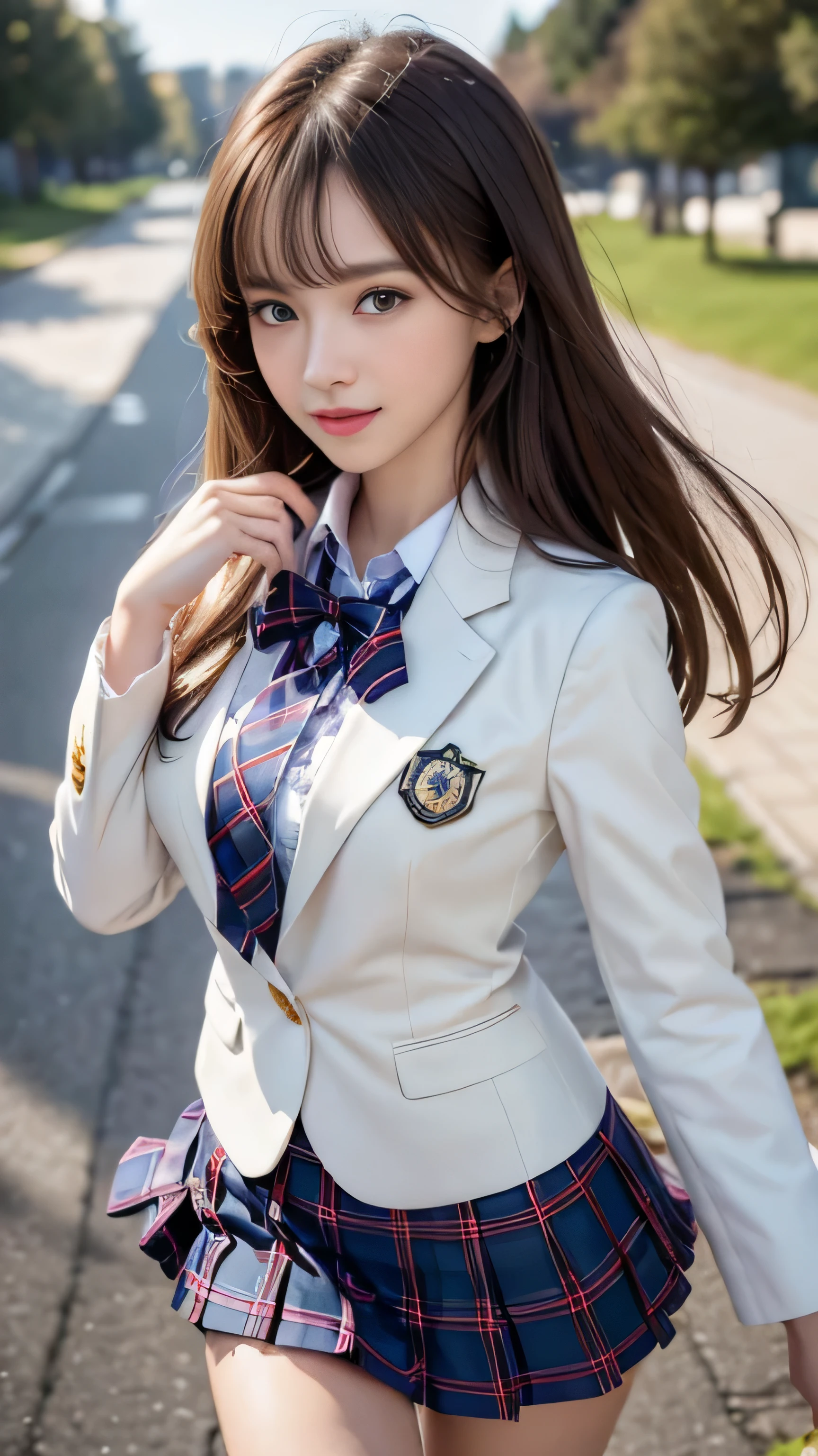 ((High school girl walking in the lakeside park))、(white blazer)、(white blouse)、red bow tie、((dark blue checked skirt)). 40k, photograph, table top, highest quality, dark gray background, ((beautiful eyes、A girl with light brown short hairが 1 人, . white skin, Various poses.((Medium chest,:1.1)), highest quality, table top, ultra high resolution, (realistic:1.4), RAWphotograph, (perfect body shape), (slim:1.3), slim abdomen, Perfect slim figure, dynamic pose, alone, Cold light 12000K, very detailed facial and skin texture, fine eyes, realistic eyes, Beautiful and fine eyes, (realistic skin), charm, ultra high resolution, Super realistic, very detailed,(The wind blows up my skirt),(smile)、((High school girl walking in the lakeside parkたち))、(white blazer)、(white blouse)、red bow tie、((dark blue checked skirt)). 40k, photograph, table top, highest quality, dark gray background, (beautiful eyes)、mix4、A girl with light brown short hair、Long Hair Girl、 . white skin, Various poses.((Medium chest,:1.1)), highest quality, table top, ultra high resolution, (realistic:1.4), RAWphotograph, (perfect body shape), (slim:1.3), slim abdomen, Perfect slim figure, dynamic pose, alone, Cold light 12000K, very detailed facial and skin texture, fine eyes, realistic eyes, Beautiful and fine eyes, (realistic skin), charm, ultra high resolution, Super realistic, very detailed,(The wind blows up my skirt),(lift the skirt),(White lace panties are visible)(smile)、((School zone、、Tree-lined street、High school girls walking)),