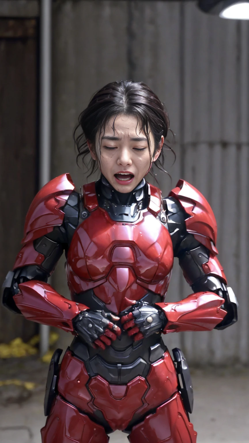 rough skin, Super detailed, advanced details, high quality, 最high quality, High resolution, 1080p 、Bleeding from the wound、red armor、Wearing red and black、cute((whole bodyに深刻なダメージ))(Wearing a damaged female robot suit...)(red armor)(Broken Armor)black hair、whole body、Chiquita、soaking wet、open your mouth、sweaty face、It hurts again、cute、knock down、Droolinging from the mouth、Middle-aged women　(Steam coming out of the face) ((whole bodyから湯気が出る)) 　vagina exposed　Drooling　look up　suffering　　SM 　please open your eyes wide　　short hair　Armor is deeply damaged