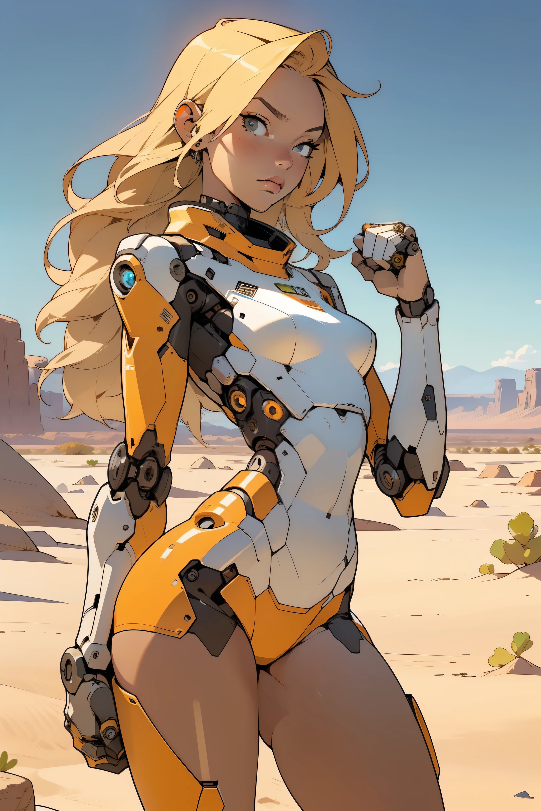 high quality, 4k, masterpiece, beautiful, cyborg girl, cowboy shot, dull eyes, front, looking at viewer, long blonde hair, girl, small breasts, fit thighs, robotic arms, robotic body, cyborg body, white & yellow uniform, orange accent, intricate detail, joint, detailed lines, robotic detail, holding fist up, holding hand up as fist, color robotic parts, robotic parts with color, perfect fingers, on a desert planet, sunny background, colorful desert, a river or a lake in the background, slender thighs, skinny thighs,
