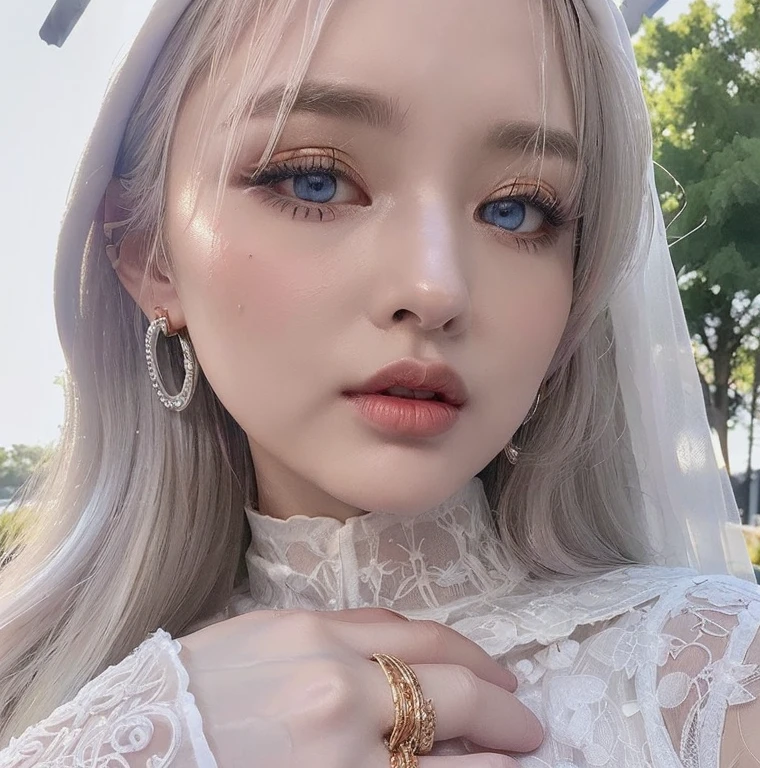 1 miniature Beautiful beautiful woman - Yuan Sayuki, ((top quality, 8K, Masterpiece:1.retty woman, 1 woman, huge breasts:1.3, a slim body:1.1, lush white Long hair, (shower, wet body, wet clothes:1.1), very detailed face, detailed lips, detailed eyes, double eyelids, Detailed blue eyes, чрезвычайно Detailed Outstanding Blue Eyes, short white wet hair, white wet hair, Detailed Outstanding Blue Eyes, innocent look at the viewer, very wet wavy white hair, Detailed Outstanding Blue Eyes, huge cross earrings, Outdoors, badges behind, gothic wedding uniform, sexy gothic style wedding dress with veil, bare chest, huge chest tattoo wearing a wreath, detailed huge earrings, chest tattoo, Outside - there are trees and a buddhist temple in the background, wear a silver cross (Detailed cross shape), reality mode, wet breasts, black necklace, black wedding dress and black veil, human crowd behind, head/forehead chain veil, black latex gloves, naked breasts, naked breasts, naked nipples, hair of white snowy colour, night time, red neon lights, demonic nun, nimbus (golden lighting ring above her head), angel