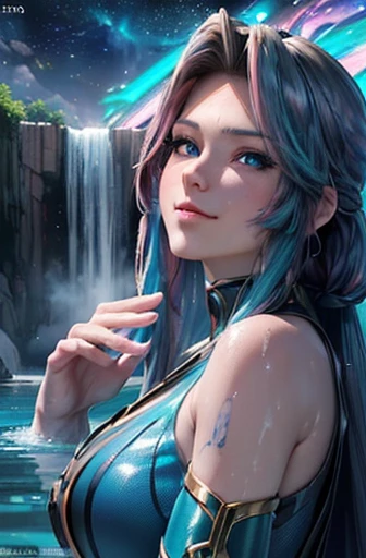 8K(((((anime style face,(anime style faceの描写しっかり)) 8K(A sloppy smile)8K(the face we are looking for)8K(mischievous face)Woman in armor with iridescent hair and detailed teal dress, Are standing, rainbow colored space nebula background, performer, Milky Way, intricate details, Perfect face, very beautiful girl、They are having fun bathing in the cool, clear water near a waterfall.。 pink skin、blue eyes、black hair、detailed face、detailed body、Anime model、highly detailed natural landscape、Anime I 8k resolution