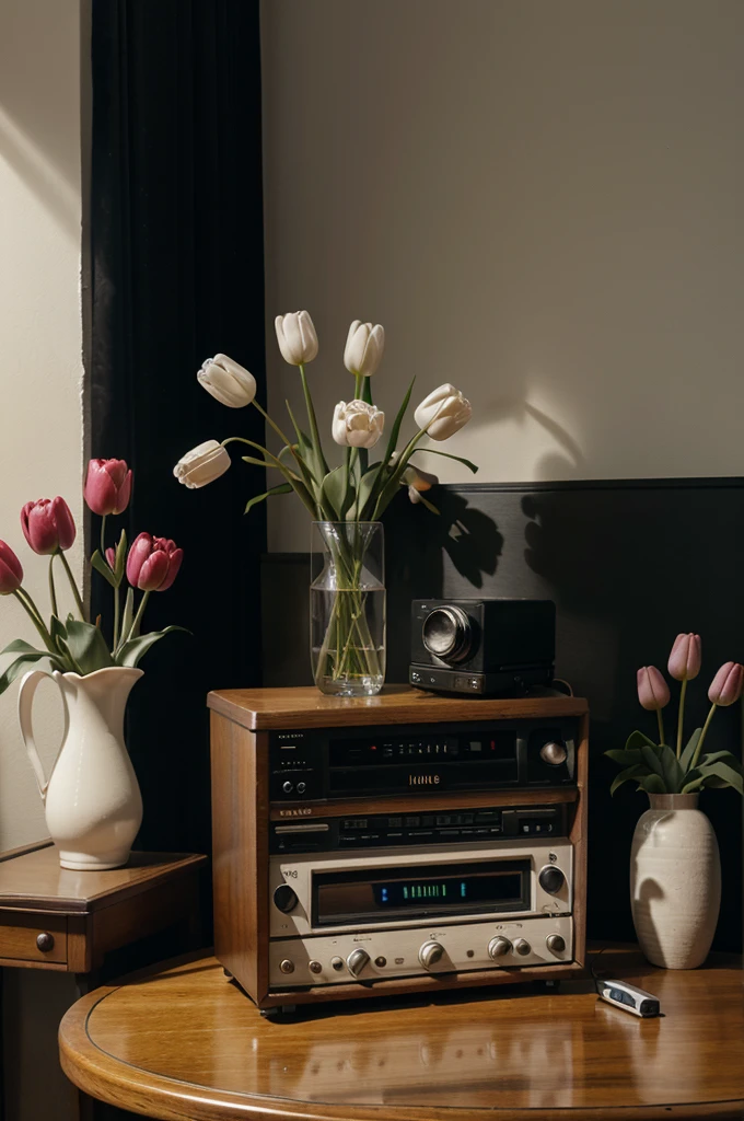 Image of a radio on a table with a vase of tulips next to it, musical notes coming out of the radio, and stars and Saturn.