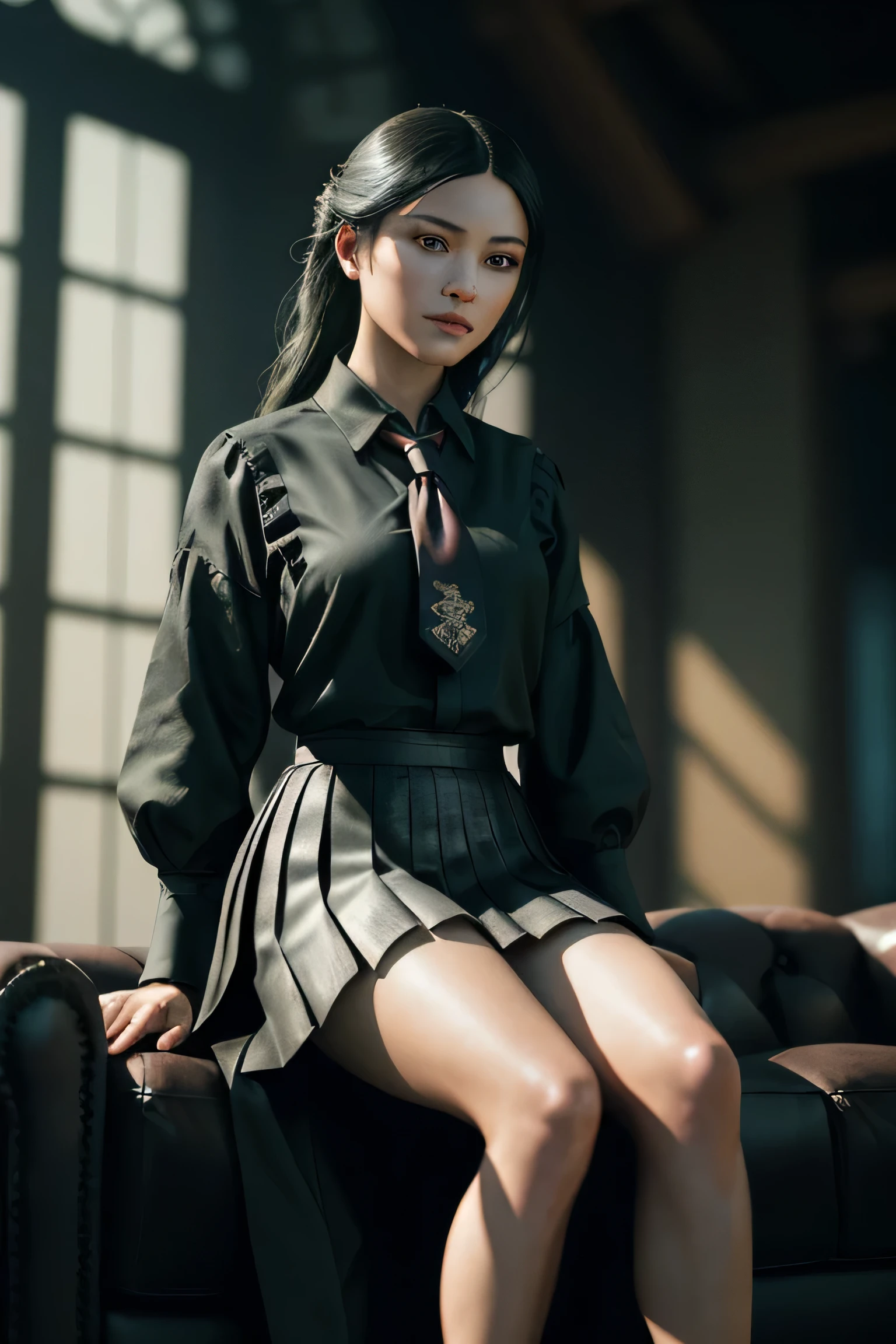 (masterpiece), (extremely intricate:1.3), (realistic), portrait of a girl, (dark fantasy, gore), (dynamic perspective), the most beautiful in the world, sitting on the couch, kicking viewers, indoors, from below, shirt, tie, pleated skirt, high-heeled sandals, smirk, Hirosaki, Aomori, professional photograph of a stunning woman detailed, sharp focus, dramatic, award winning, cinematic lighting, octane render unreal engine, volumetrics dtx, (film grain, blurry background, blurry foreground, bokeh, depth of field)