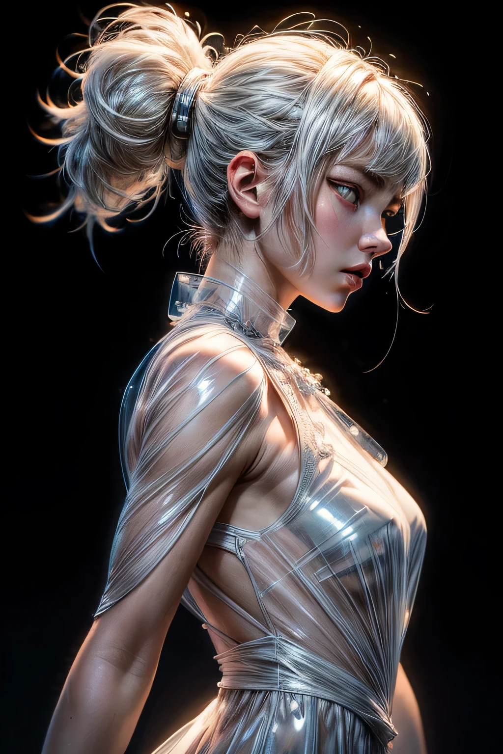 highest quality,perfect masterpiece,perfect artwork,Official work,8K,, (upper body portrait:1.3),((Viewed from the side:1.5)),close up lens,delicate face,, 17 years old,white hair girl,(hakuhatsu:1.5),Short and medium hair,((clear white eyes:1.5)),(white dress:1.2),(transparent clothes:1.2),(black background:1.3),, The illusion of pearls,cyber punk,fashion trends,3s material,High resolution,Detailed performance,c4d,3D,octane rendering,ray tracing,intricate details,animation lighting,OCrenderer,