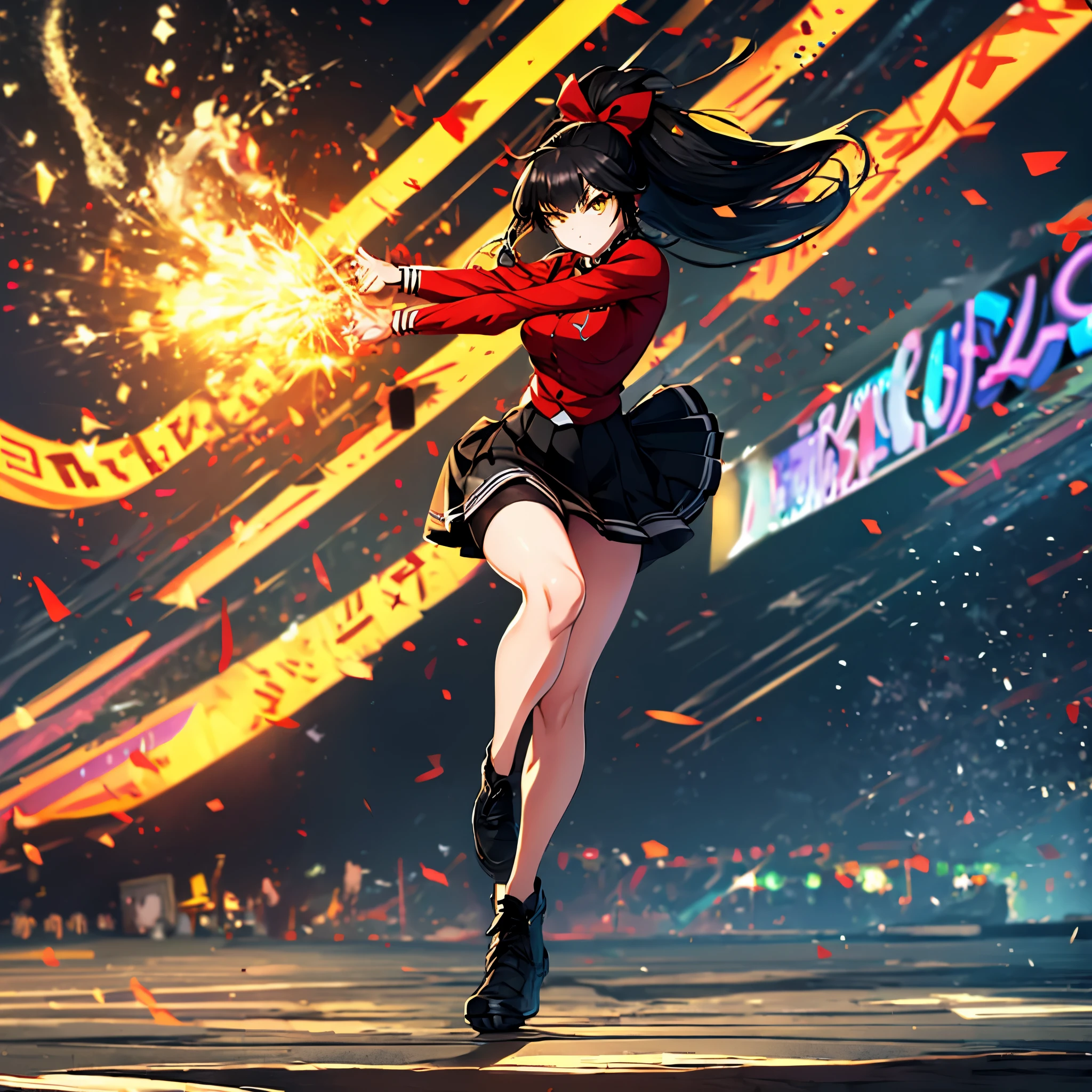 a woman with long black hair, ponytail hair, bow in her hair, red military shirt with medals, yellow eyes, black skirt, serious face, in an amusement park, background with blur effect, full body,HDR, ultra resolution, sharp, masterpiece, 8K HD, (just a woman, solo)
