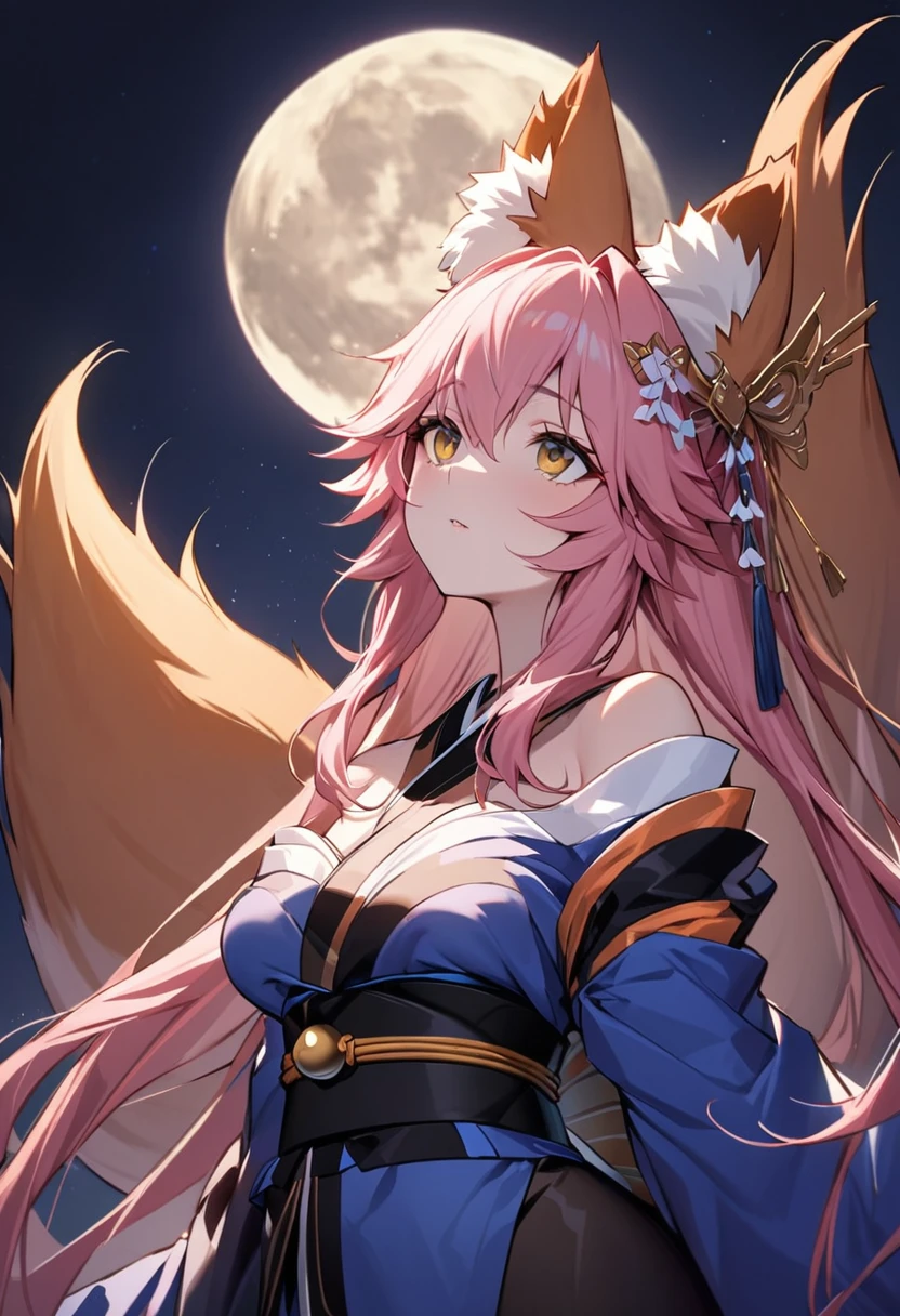 ((masterpiece,highest quality, be familiar with)),
night sky,full moon,Japanese silver grass field, Looking up at the sky in the upper left, Upper body,tamamo no mae, pink hair,kimono, tall,Blue Bow, kimono, very long hair, ((Three Tails,thick,Fox Tail)), Wide sleeves, off shoulder, hair ornaments, bell, A fleeting look,