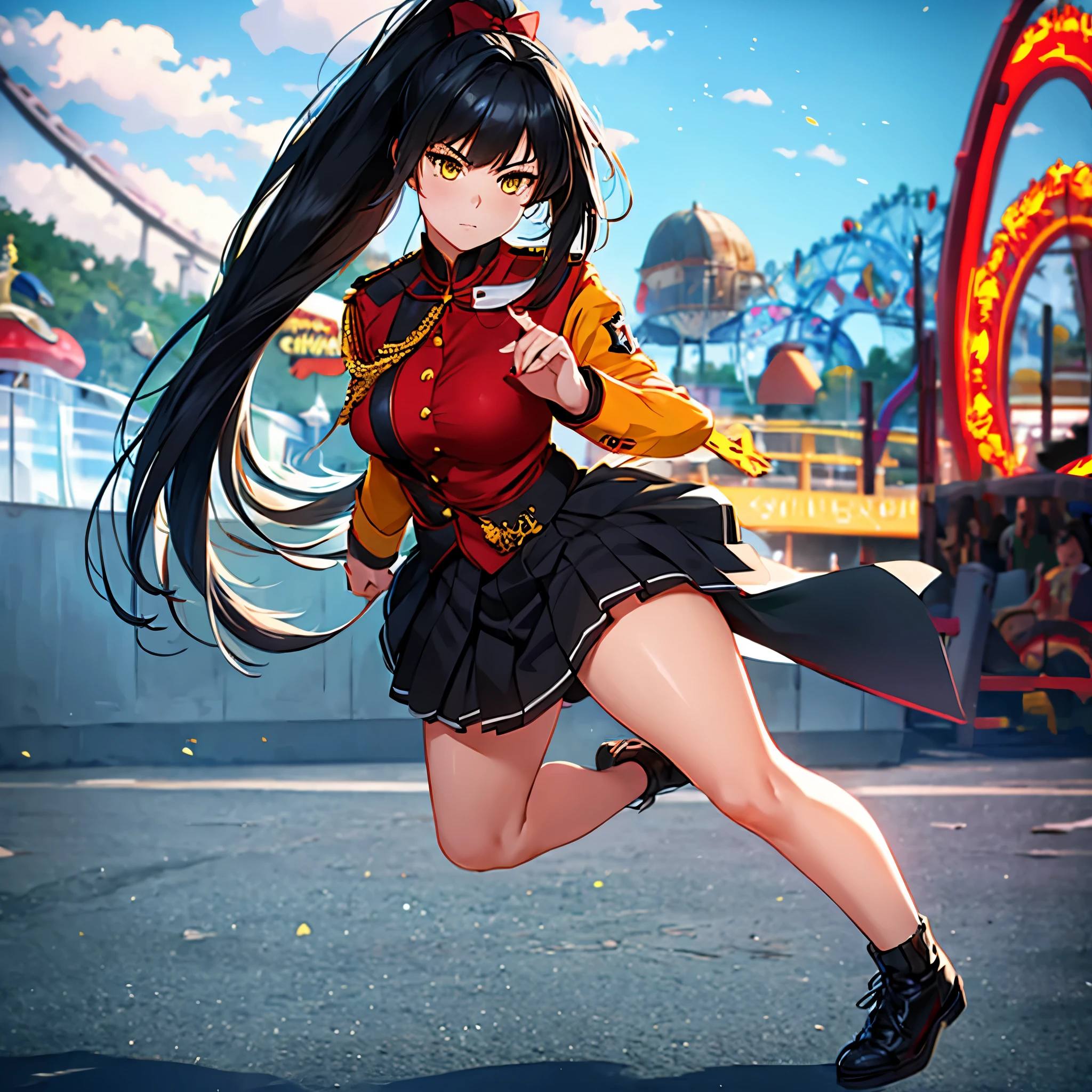 a woman with long black hair, ponytail hair, bow in her hair, red military shirt with medals, yellow eyes, black skirt, serious face, in an amusement park, background with blur effect, full body,HDR, ultra resolution, sharp, masterpiece, 8K HD, (just a woman, solo)
