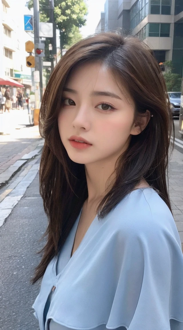 ((best quality, 8K, masterpiece:1.3)), focus: 1.2, Perfect body beauty: 1.4, buttocks: 1.2, ((layered hairstyle, Chest: 1.2)), (wet clothes: 1.1) , (rain, street:1.3), Bandeau dress: 1.1, Highly detailed facial and skin textures, Exquisite eyes, double eyelids, skin whitens, long hair