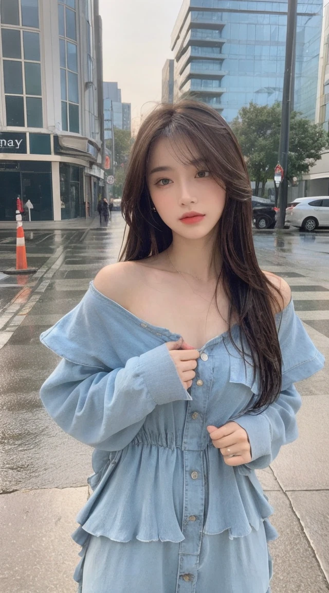 ((best quality, 8K, masterpiece:1.3)), focus: 1.2, Perfect body beauty: 1.4, buttocks: 1.2, ((layered hairstyle, Chest: 1.2)), (wet clothes: 1.1) , (rain, street:1.3), Bandeau dress: 1.1, Highly detailed facial and skin textures, Exquisite eyes, double eyelids, skin whitens, long hair