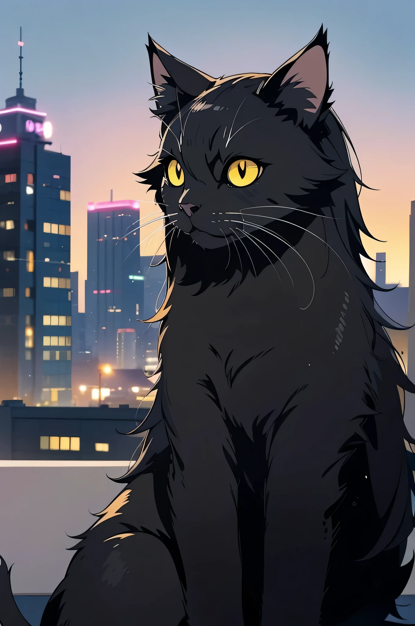 a close up of a black cat with yellow eyes and a city in the background, anime cat, nekomimi, neko, kawaii cat, anime visual of a cute cat, avatar image, meow, smol, discord profile picture, anime, hidetaka miyazaki, cat face, cat detailed, hiro, kawaai, catgirl