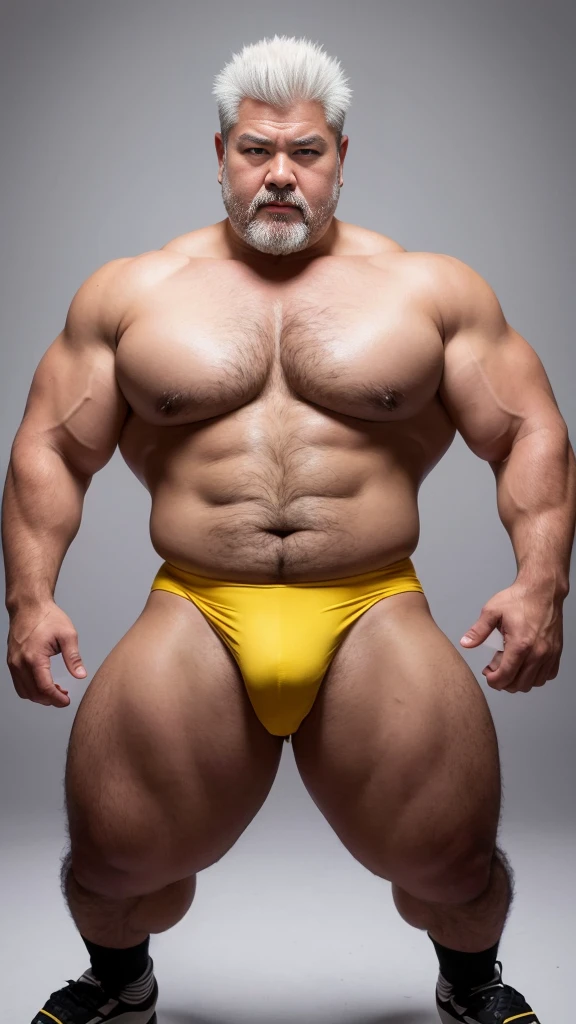 white hair, old man, individual, male, Muscular wrestler, muscular, Stout wrestler, Asian, Japanese, uncle, 55 year old middle-aged man, short hair, short hair, yellow wrestling boots, full body portrait, shadow, Vision, yellow briefs, obesity, 45 years old, short beard, middle-aged man, tattoo, fingerless gloves, Wheat skin, shiny skin, dark skin, Show your pectoral muscles, sumo wrestler, bodybuilder, wide temples, Visible abdominal muscles, Smile, Fine hands, solid color background, pure white background, Surrealism, Panorama, 8k, super detail，