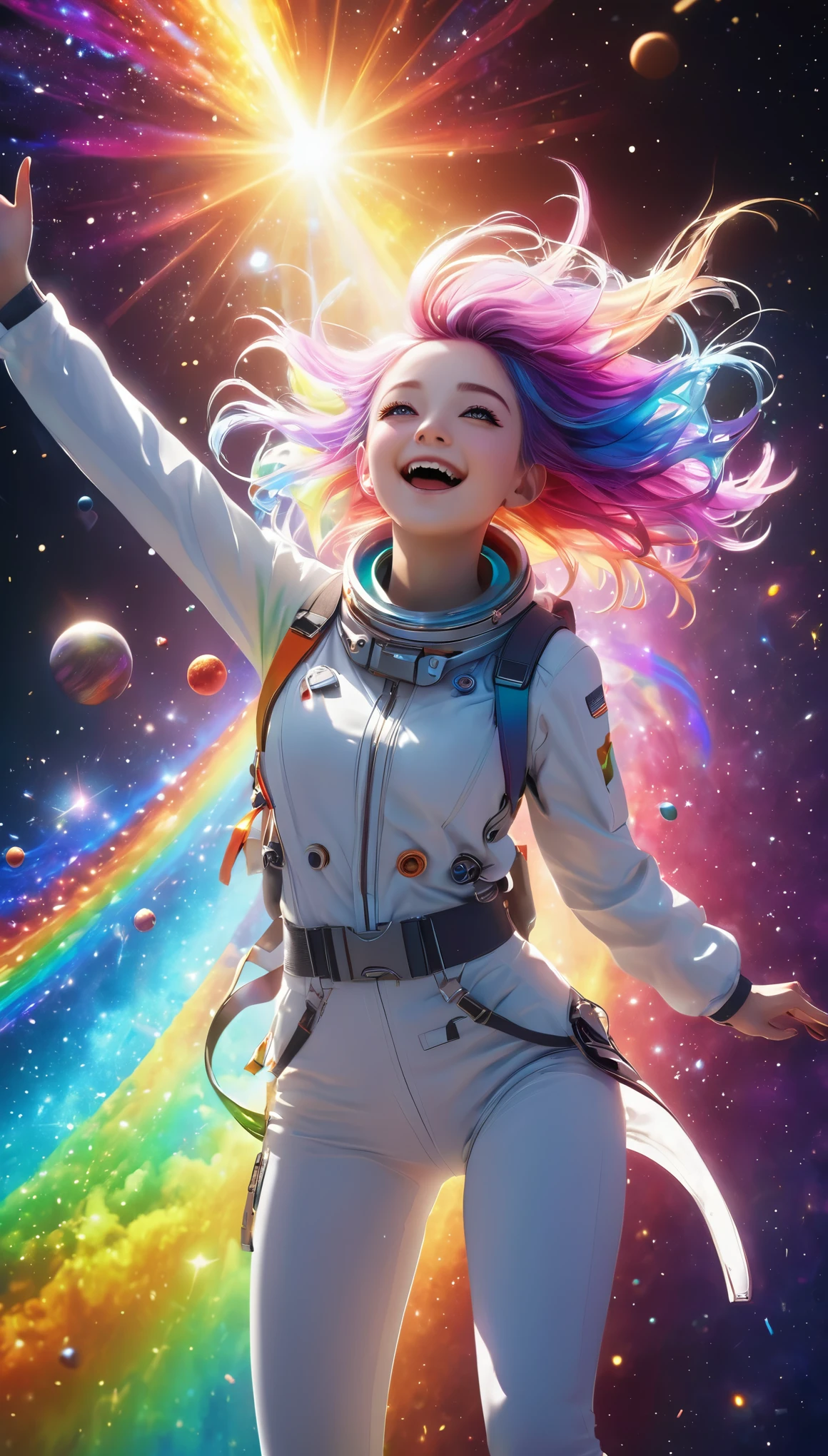 floating in space、((whole body))、reach out, highest quality, Highly detailed CG synthesis 8k wallpaper, movie lighting, Lens flare, beautiful detail eyes, White clothes,  multicolored hair, Rich and colorful light, particle, ************、girl、laugh fearlessly、Rainbow Hair、Big Bang Girl,((The edge of the universe can be seen on the lining))、dark matter、energy、Retro and psychedelic、Create miracles with a single photon、From Blink to Quasar、It&#39;s too bright to keep looking、The Super Burst is what draws you in