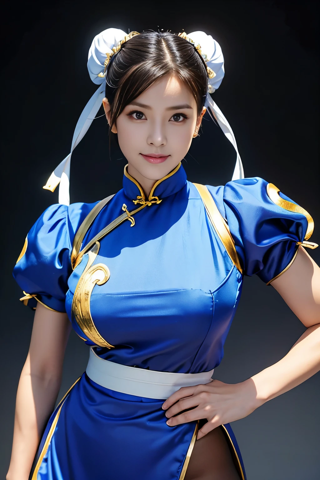 Chun-Li from Street Fight II,perfect chun li costume,blue cheongsam with gold lines,Bun head,Good cover,fighting pose,ハイkick,kick、Lift your legs,masterpiece、1 beautiful girl、fine eyes、puffy eyes、highest quality, 超High resolution, (reality: 1.4), movie lighting、super beautiful、beautiful skin、body turns forward、(超reality的な)、(High resolution)、(8K)、(very detailed)、(美しくfine eyes)、(Super detailed)、 (wall-)、detailed face、bright lighting、professional lighting、looking at the viewer、Look straight ahead、slanted bangasterpiece, highest quality, masterpiece, highest quality, perfect face, perfect brown eyes with white sclera, Bad move - 5, alone, 1 girl, Upper body, brown hair, From SF2, Chinese service, smile, muscular woman, blue clothes, pantyhose, pelvic curtain, Plump short sleeves, Good cover, sash, evaluation:safety