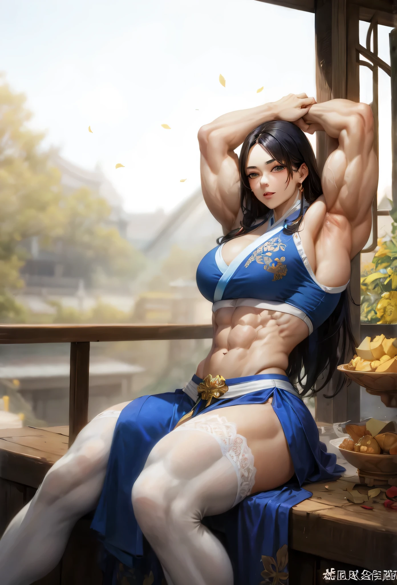 ,girl,beautiful face, muscular female, alternate muscle size,black hair,blue hanfu,muscular thighs,laugh,muscular ,biceps,white lace trim legwear,abs