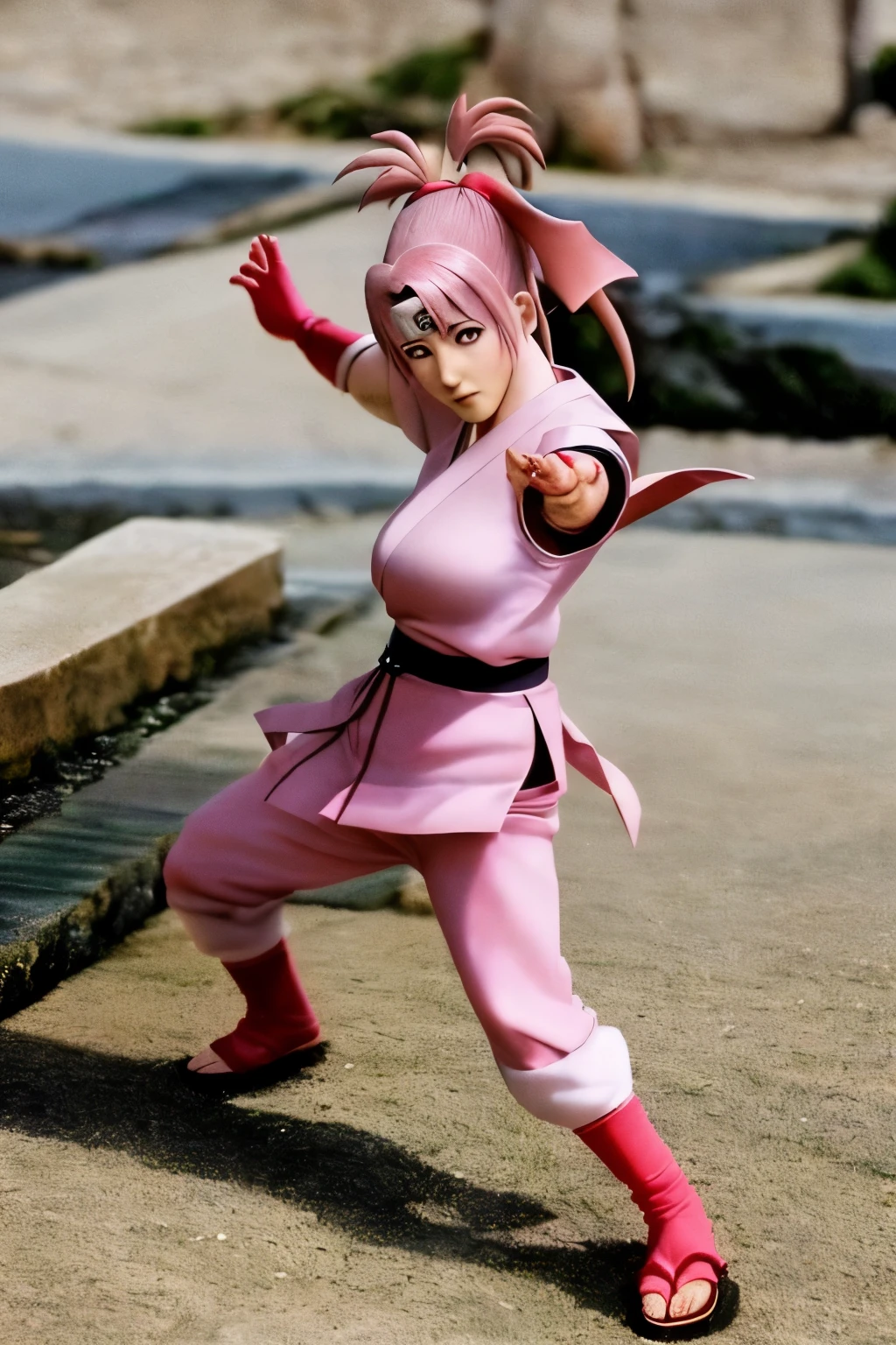 ((best quality)), ((masterpiece)), (detailed), perfect face, Perfect body, perfect anatomy, 1 girl, sakura haruno, pink hair, green eyes, red clothe, sakura ass, sexy pose, naked ass, bottom, full body, realistic, high detail, high quality image, 8k
