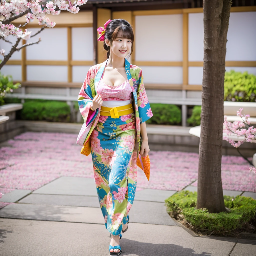 Create a realistic 3D image, wide angle, full body, highest resolution, beautiful, cute Japanese girl, 20 years old, wearing a kimono, bright colors, beautiful patterns, according to fashion, showing cleavage, walking and admiring the beauty of Sakura Fleur Aoyama Hotel.