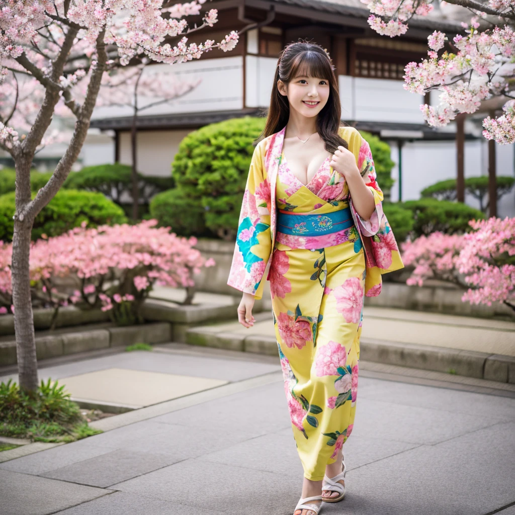 Create a realistic 3D image, wide angle, full body, highest resolution, beautiful, cute Japanese girl, 20 years old, wearing a kimono, bright colors, beautiful patterns, according to fashion, showing cleavage, walking and admiring the beauty of Sakura Fleur Aoyama Hotel.