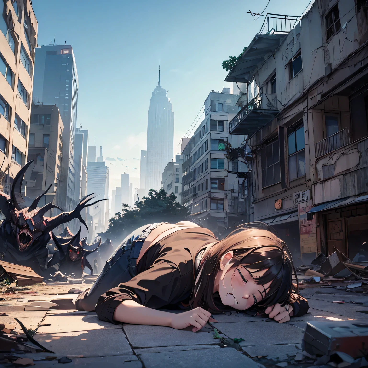 1girl surrounded by different types of monsters, wide angle, all the monsters in the frame, (((girl laying on the ground crying))) (18 year old hot girl) (surrounded by many monsters (abandoned city in the background) (crying girl) (full body) (Extra wide angle)