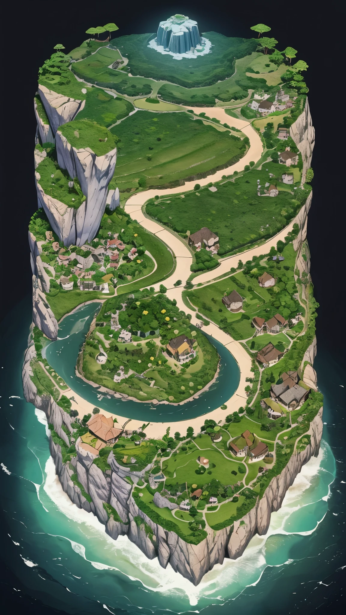 Uma planicie de gramsa verdes, flores rosas e um ri atavesando o local, isometric view, visado de cima, para uma mesa de RPG, D&D