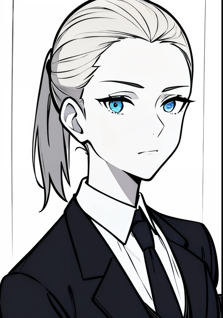 One Young Adult female, pale blonde slicked back into a short ponytail with a single bang on the left hand side, steel blue eyes, light and carefree expression, wearing black suit jacket and tie, portrait style, facing forwards