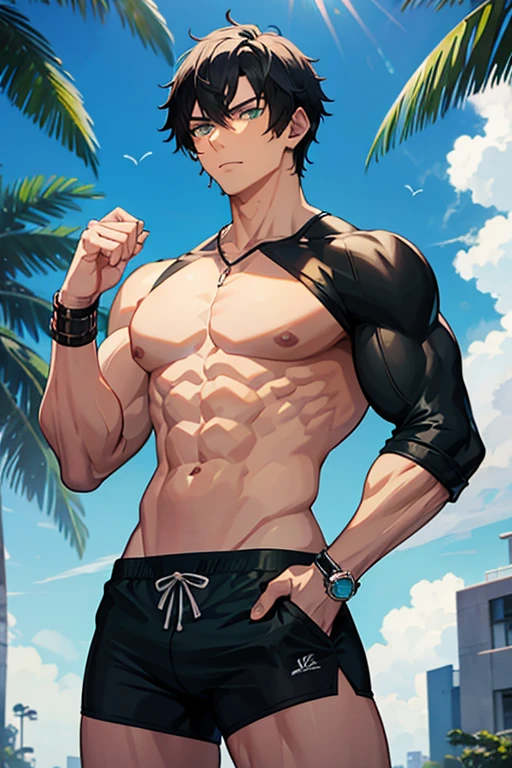 (canto da foto de baixo para cima) (imagem da mais alta qualidade) Lion man ,real, jovem, foco masculino, imagem de anime, de sunga apertada, na praia com uma sunga apertada, pernas bem abertas, sexy face, rosto atraente, cabelo subcortado, huge muscle muscles of the chest, anime wallpaper, exibindo seus musculos, large strong thigh muscles, Biceps Sinewy muscles, virilha marcando, Big chest, six pack abs, corpo tonificado devido ao treinamento intenso, Well-developed muscles, ABS transparente de 8 embalagens, 3 metros de altura, topless, abrindo bem as pernas, pele brilhante, wet from bathing , hands on thighs, bare feet, Sem barba