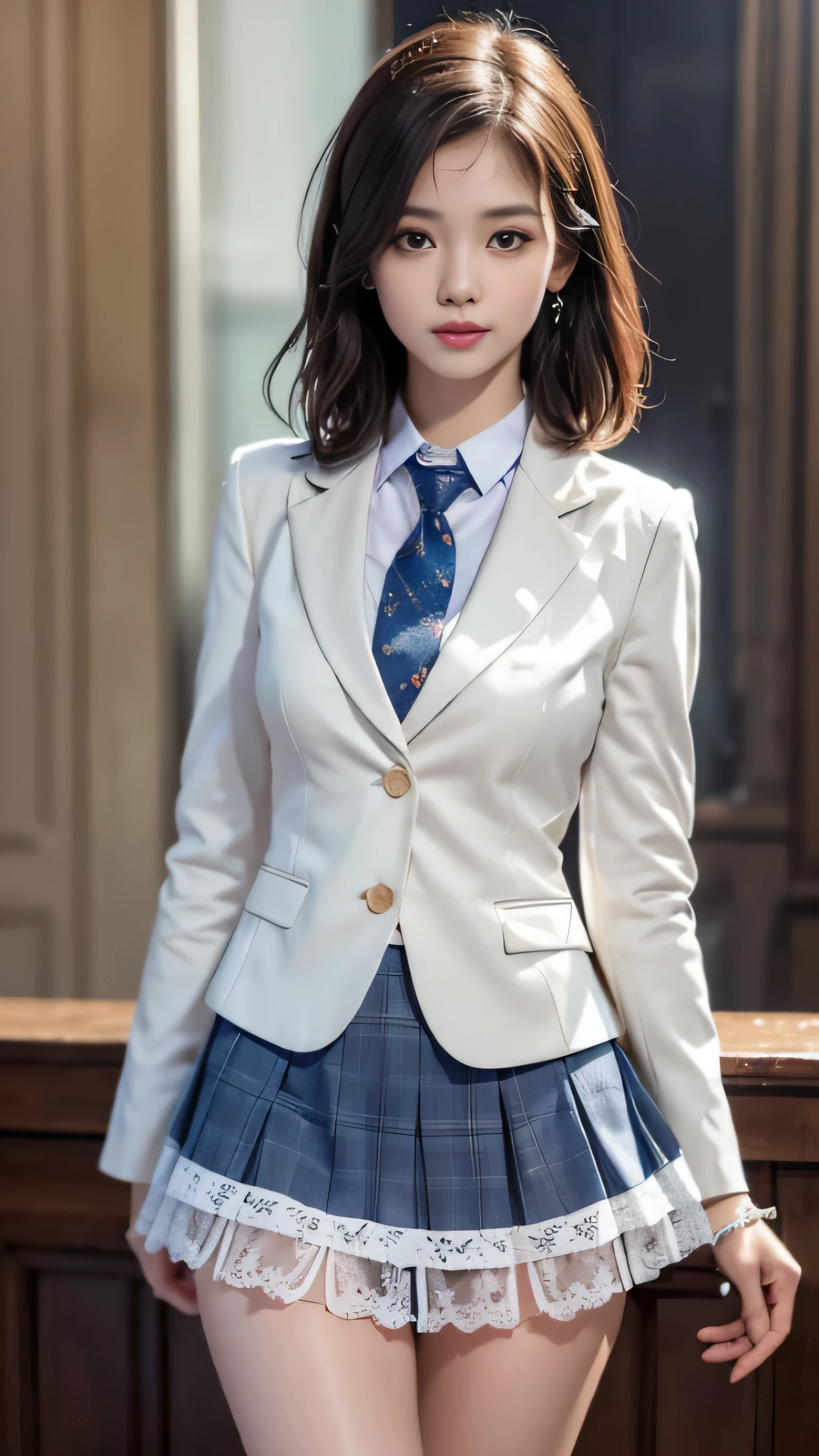 ((High school girl walking in the lakeside park))、(white blazer)、(white blouse、red bow tie、dark blue checked skirt). 40k, photograph, table top, highest quality, dark gray background, ((beautiful eyes、One girl with light brown short hair, . white skin, Various poses.((Medium chest,:1.1)), highest quality, table top, ultra high resolution, (realistic:1.4), RAWphotograph, (perfect body shape), (slim:1.3), slim abdomen, Perfect slim figure, dynamic pose, (((big :0.9))), alone, Cold light 12000K, very detailed facial and skin texture, fine eyes, realistic eyes, Beautiful and fine eyes, (realistic skin), charm, ultra high resolution, Super realistic, very detailed,、(she is wet),(The wind blows up my skirt),(lift the skirt),(White lace panties are visible）（smile)、