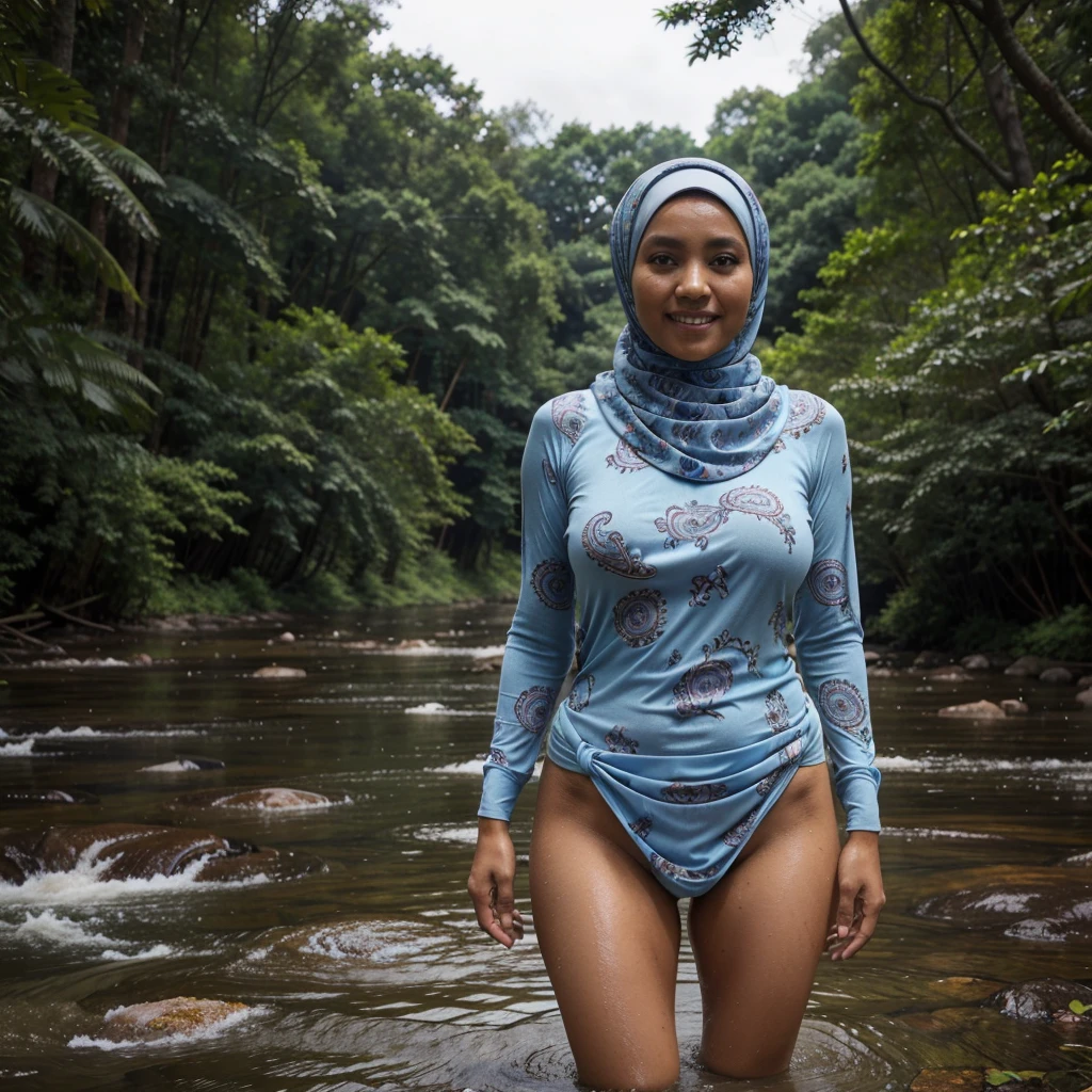 A 52 years old naked Indonesian woman in hijab, very dense pubic hair, dark skin, curvy body, short body, flat-chested, small breasts, villager, poor girl, wearing paisley pattern light blue hijab, wearing paisley pattern light blue long sleeve tight t-shirt, bottomless, wearing no pant, wearing no skirt, wearing no panties, smiling and standing, half of legs soaked in a river in a forest, look to the viewer with eye close, wet body, wet clothes