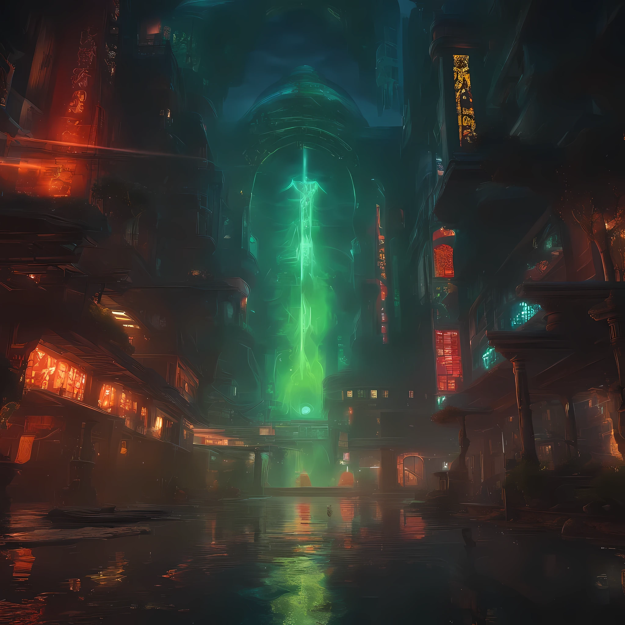 "Generate a chilling, yet visually stunning scene reminiscent of an anime-style horror. Begin with an abandoned asylum, its imposing structure enveloped in swirling mist that adds an ethereal quality to the setting. The asylum's dilapidated facade is adorned with broken windows, while twisted metal protrudes ominously from its crumbling walls.In the foreground, a gnarled tree with exaggerated, almost fantastical features, looms like a sentinel of the night, its branches twisting into intricate patterns that seem to dance with malevolent intent. The tree emits a subtle, otherworldly glow, casting eerie shadows that stretch across the landscape.At the center of a vast, murky lake, there stands a desecrated shrine of ornate design, its once-pure architecture now marred by sinister symbols etched into its weathered surface. The shrine radiates an unnatural, pulsating glow, casting a soft, iridescent light that illuminates the surrounding waters.Within the heart of the shrine, an evil entity takes shape, its form shifting and undulating like shadows given life. Though its features are obscured, the malevolence emanating from its presence is palpable, sending shivers down the spine of any who dare to gaze upon it.Above, the sky is dominated by a massive, blood-red moon, its surface cracked and fissured, as if on the verge of collapse. Blood drips from the moon in cascades of crimson tears, staining the atmosphere with an ominous glow that bathes the entire scene in an eerie, ethereal light.Capture the terror and beauty of this cursed landscape in stunning detail, where every shadow conceals a lurking horror, and every glimmer of light holds the promise of unspeakable danger."