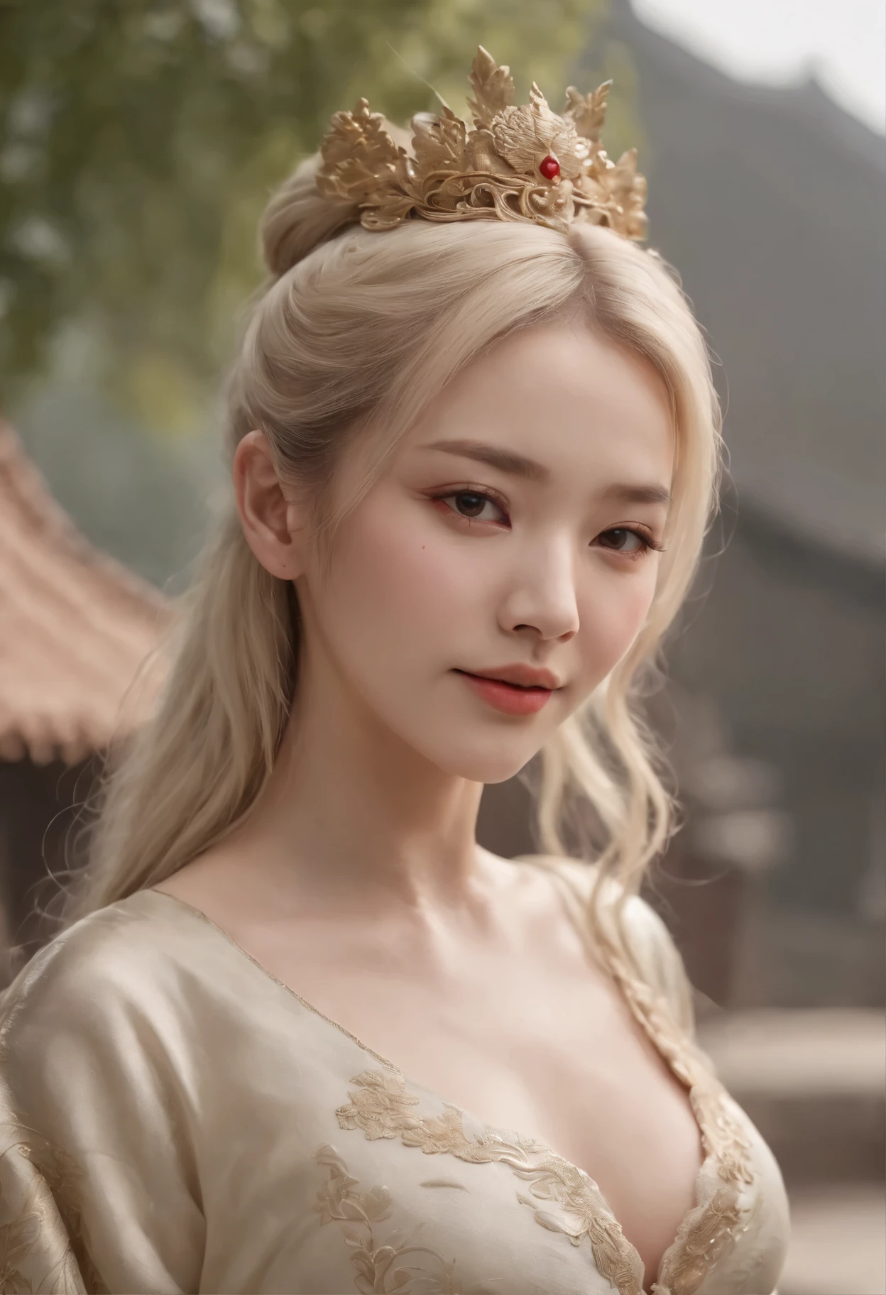 (Realistic:1.3), finely detailed, High quality, Rembrandt lighting, (Masterpiece:1.2), (Photorealistic:1.2), (Best quality), (Detailed skin:1.3), (Intricate details), Dramatic, Ray tracing, (Full body like),1womanl, Chinese middle-aged woman, 35 years old, Put your hands behind your back,Look into the camera,frontage,A sad expression,Detailed skin texture, (Blush:0.5), (goosebumps:0.5), Subsurface scattering, Smiling, Medium breasts detail skin, long whitr hair, hair-bun,bangs, Hair blonde, long hair, full body suit, red iron cyborg, (um dia ensolarado, exteriors,Classical Chinese architecture),