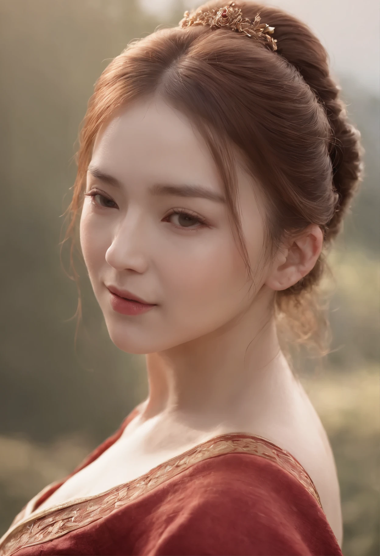 (Realistic:1.3), finely detailed, High quality, Rembrandt lighting, (Masterpiece:1.2), (Photorealistic:1.2), (Best quality), (Detailed skin:1.3), (Intricate details), Dramatic, Ray tracing, (Full body like),1womanl, Chinese middle-aged woman, 35 years old, Put your hands behind your back,Look into the camera,frontage,A sad expression,Detailed skin texture, (Blush:0.5), (goosebumps:0.5), Subsurface scattering, Smiling, Medium breasts detail skin, long whitr hair, hair-bun,bangs, Hair blonde, long hair, full body suit, red iron cyborg, (um dia ensolarado, exteriors,Classical Chinese architecture),