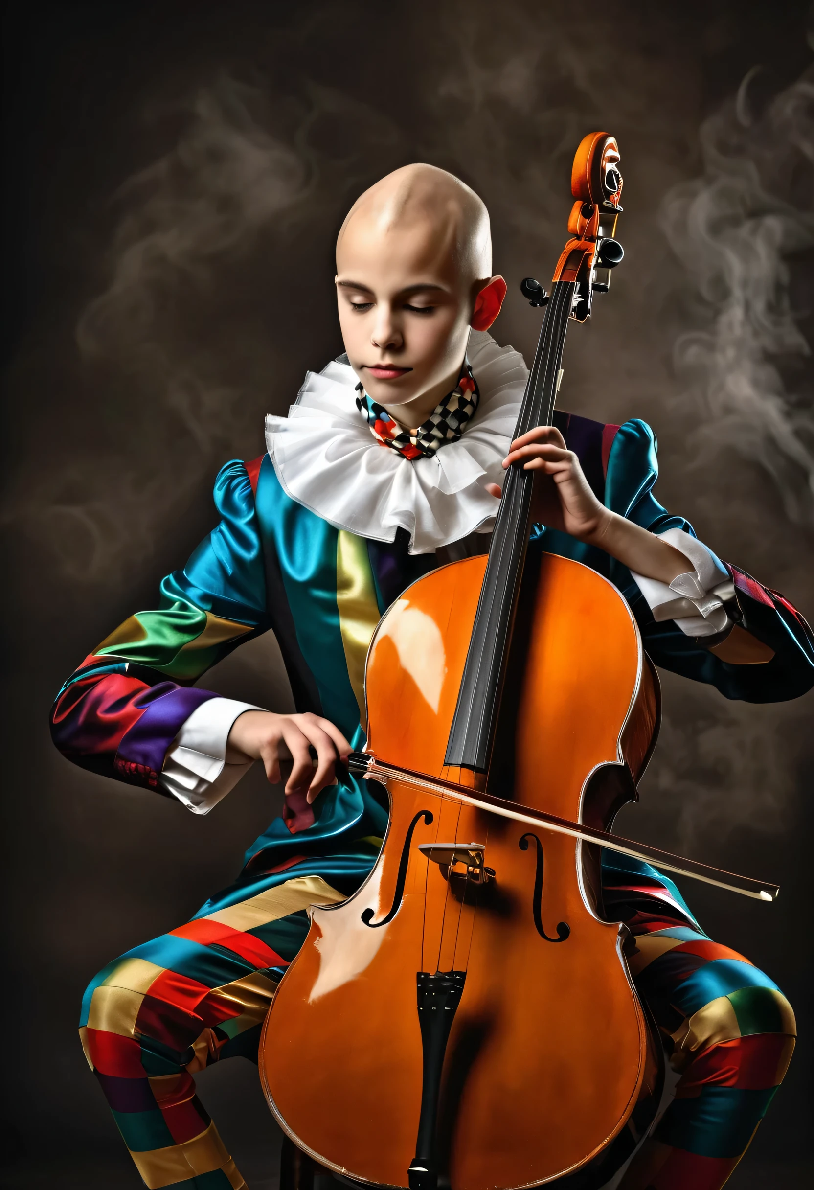 beautiful 14 year old boy in harlequin costume playing cello, competely bald, one stick in hand, smoky background, photorealistic best hdr quality